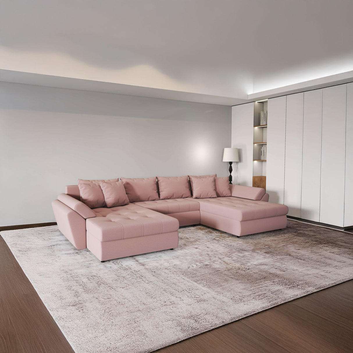 Colțar extensibil dumonde cu ladă de depozitare si sezut confortabil din spuma HR, Loana Royal Roz U 355x185 cm Fabrica