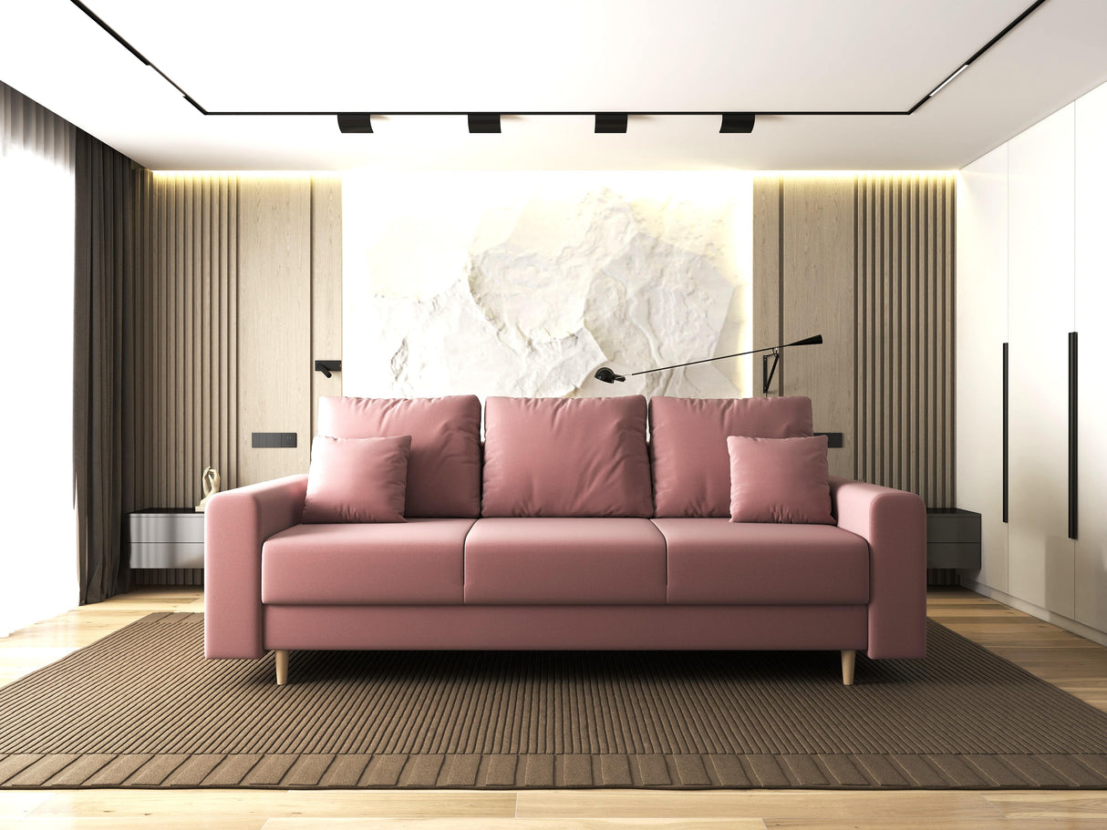 Canapea extensibilă dumonde cu ladă de depozitare si sezut confortabil din spuma HR, Kronos Royal Roz 210x100 cm fabrica