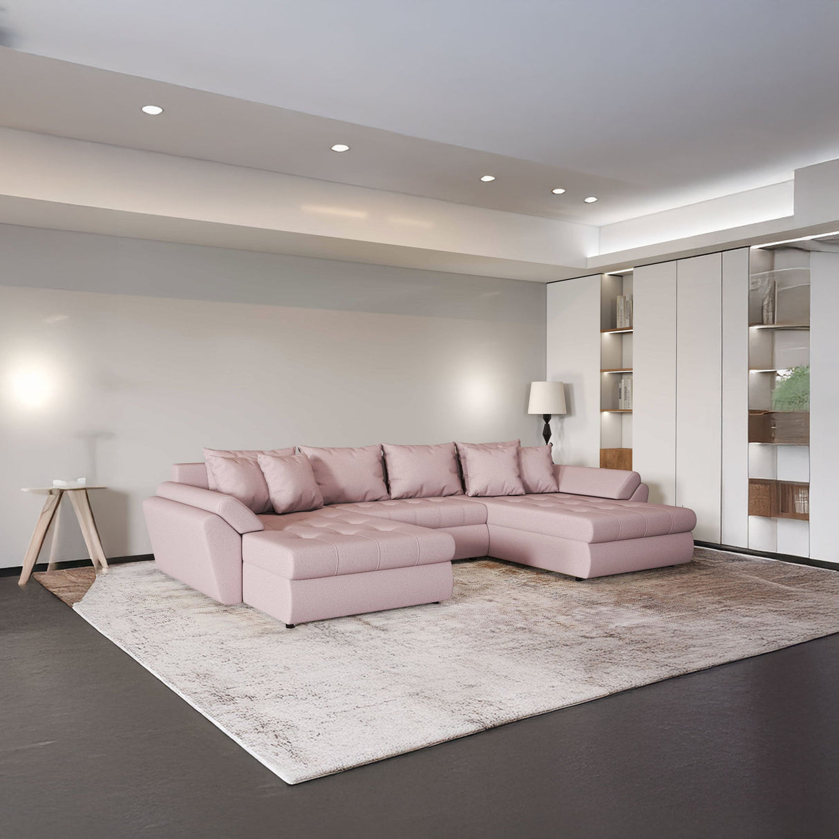 Colțar extensibil dumonde cu ladă de depozitare si sezut confortabil din spuma HR, Loana Enjoy Roz U 355x185 cm Fabrica