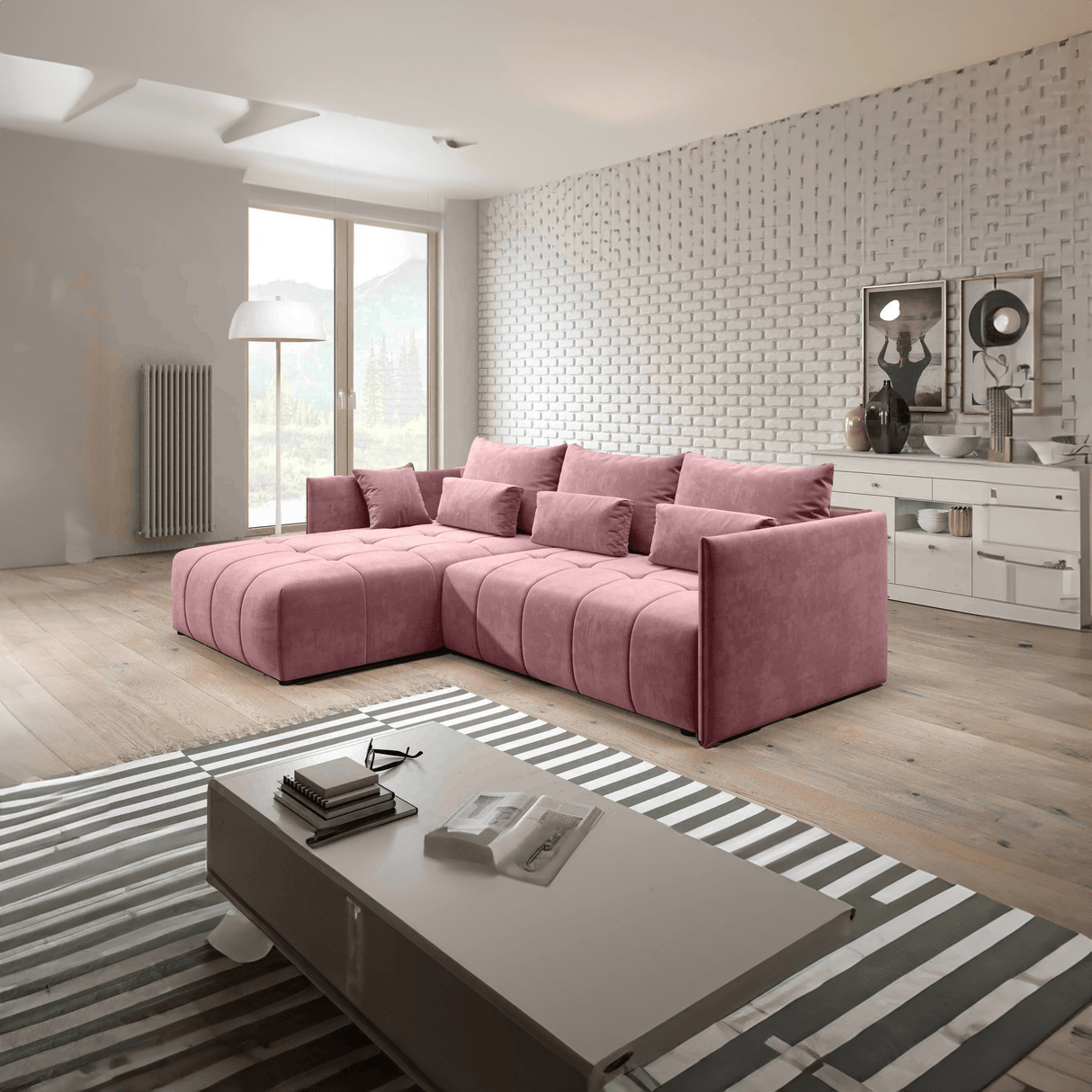 Colțar extensibil dumonde cu ladă de depozitare si sezut confortabil din spuma HR, Malta Rosa 235x185 cm