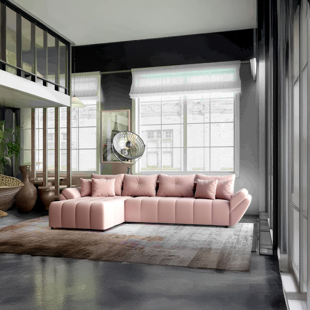 Colțar extensibil dumonde cu ladă de depozitare si sezut confortabil din spuma HR, Berlin XL Royal Roz 350x185 cm Fabrica