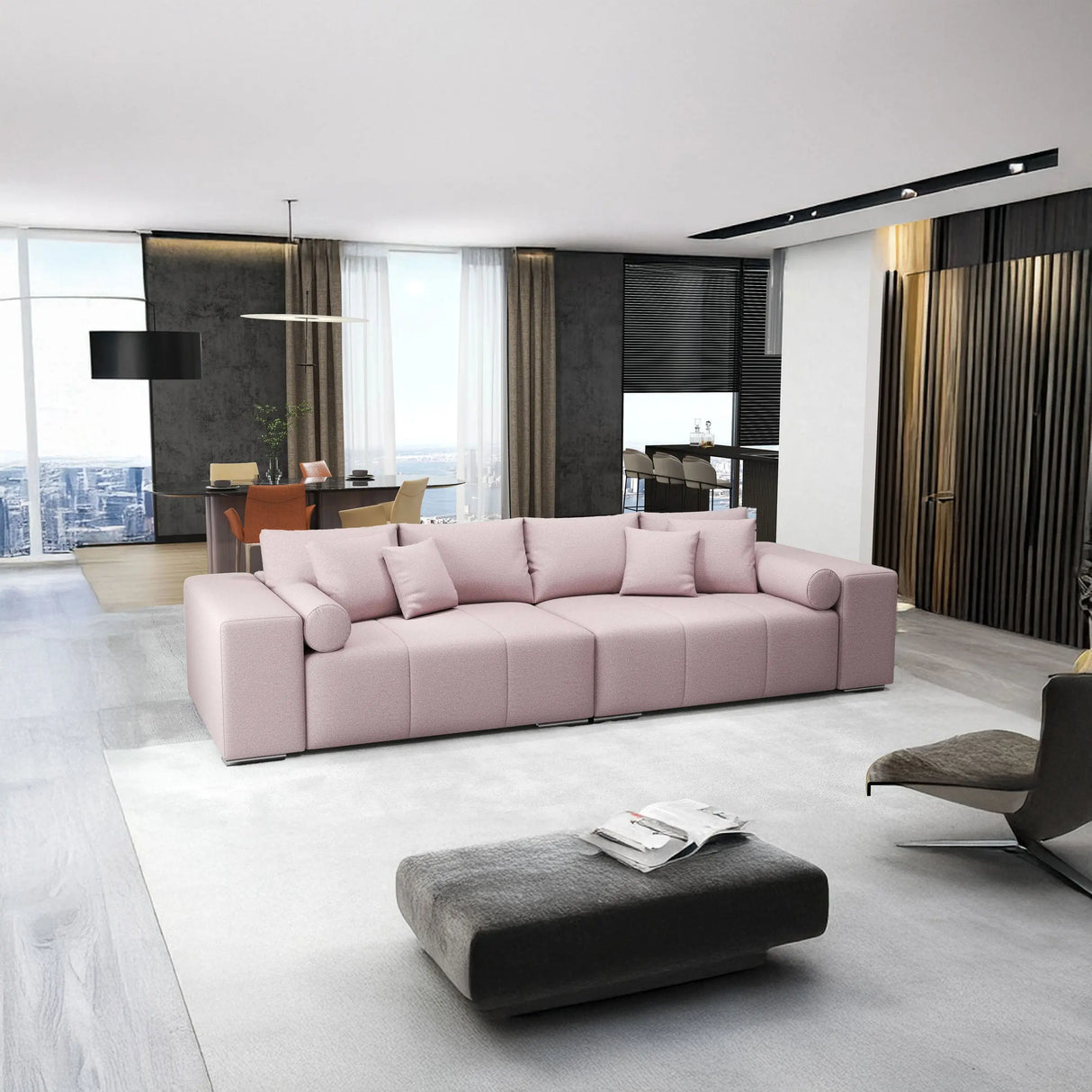Canapea extensibilă dumonde cu ladă de depozitare si sezut confortabil din spuma HR, Marbela Pink XXL 295x100 cm Fabrica