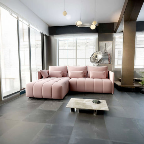 Colțar extensibil dumonde cu ladă de depozitare si sezut confortabil din spuma HR, Malta Roz Pudrat 235x185 cm Fabrica