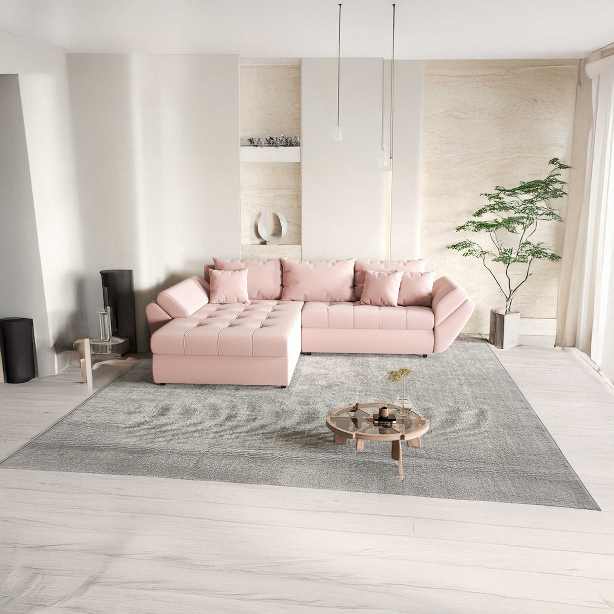 Colțar extensibil dumonde cu ladă de depozitare si sezut confortabil din spuma HR, Loana Royal Pink 270x185 cm Fabrica