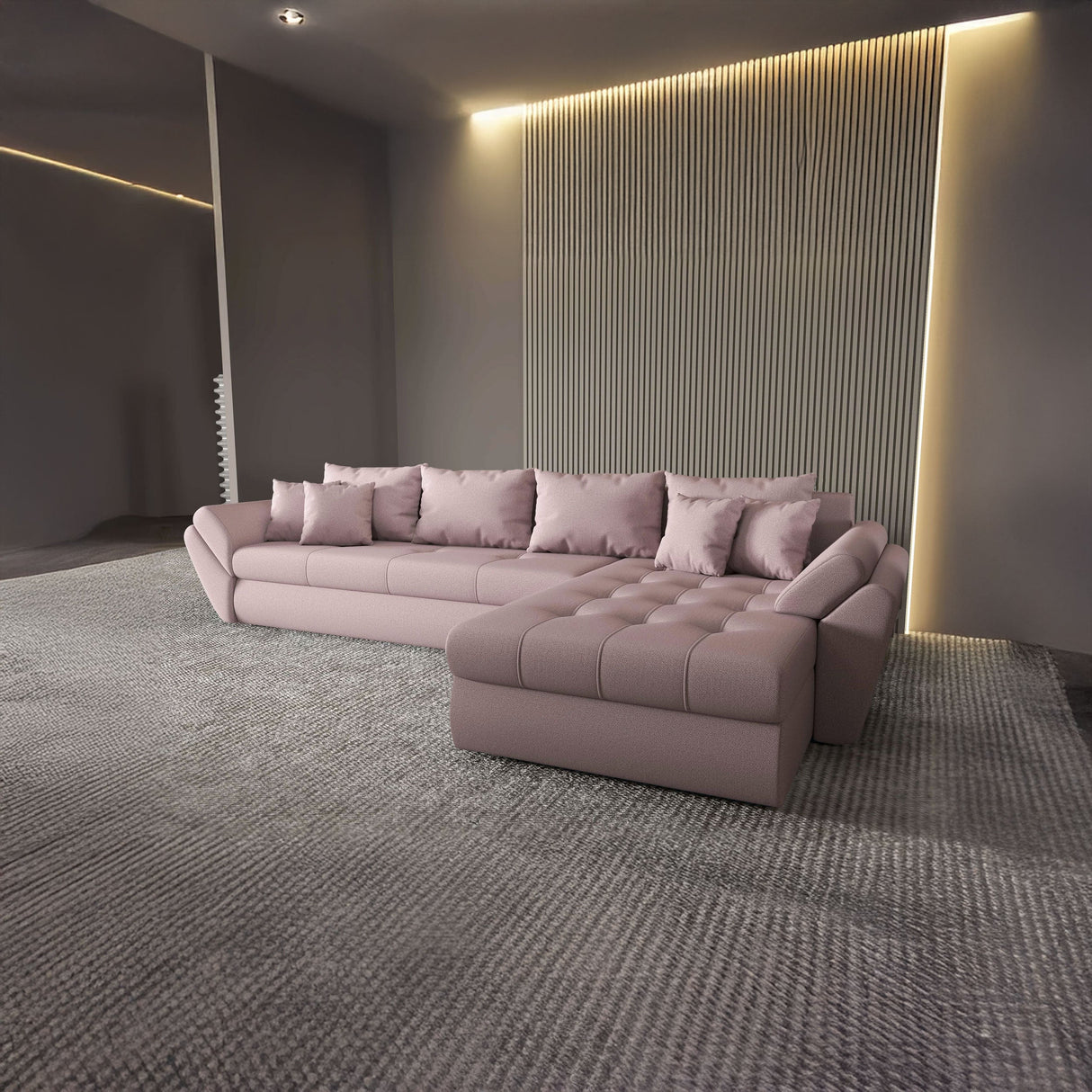 Colțar extensibil dumonde cu ladă de depozitare si sezut confortabil din spuma HR, Loana XL Enjoy Roz II 335x185 cm Fabrica
