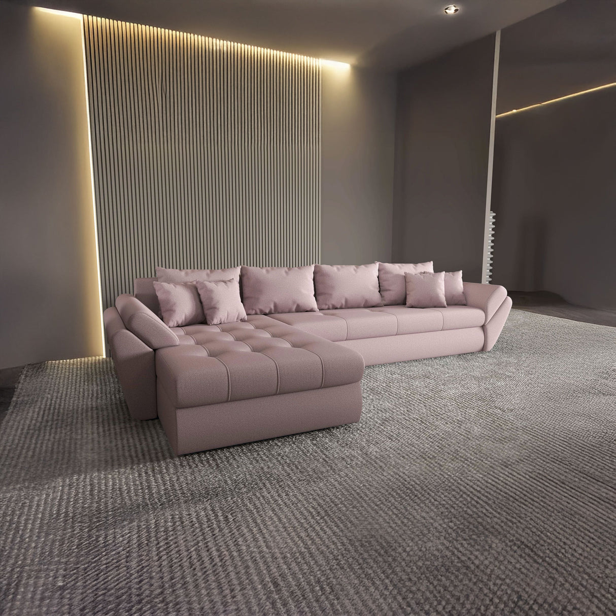 Colțar extensibil dumonde cu ladă de depozitare si sezut confortabil din spuma HR, Loana XL Enjoy Roz 335x185 cm Fabrica
