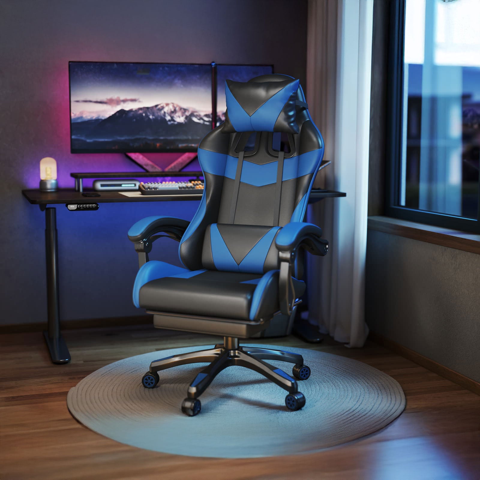 Scaun gaming Dumonde VALKYRIE, mecanism multifuncțional, ecopiele, suport picioare, albastru/negru