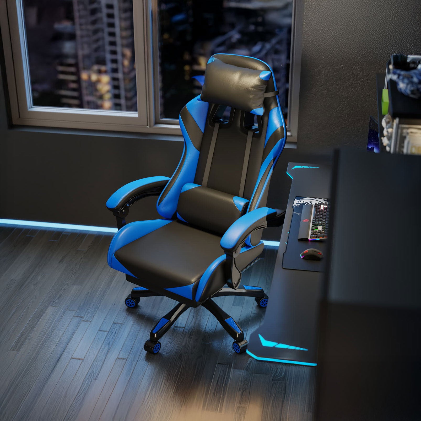 Scaun gaming Dumonde PREDATOR, mecanism multifuncțional, ecopiele, suport picioare, albastru/negru