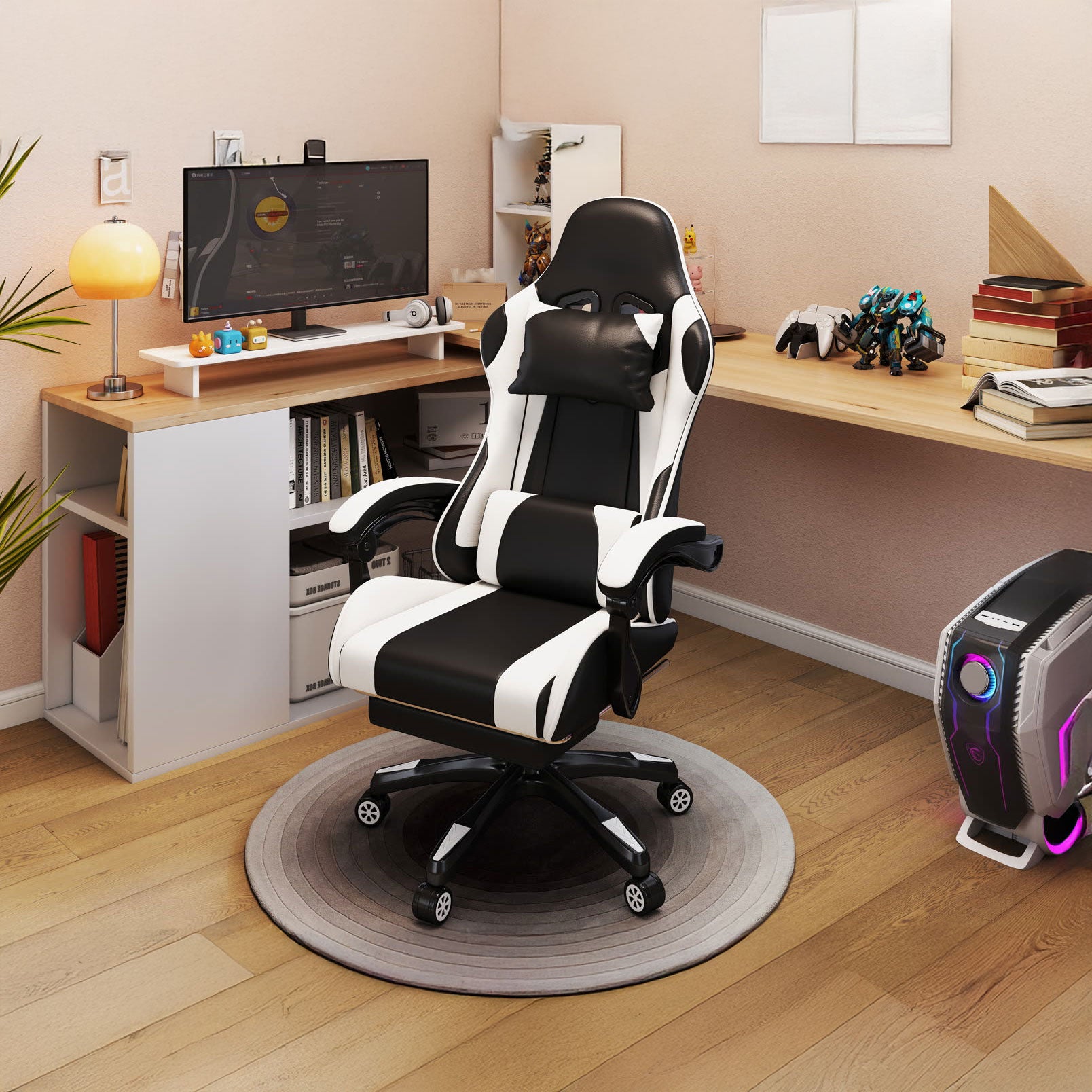 Scaun gaming Dumonde VIPER, mecanism multifuncțional, ecopiele, suport picioare, alb/negru