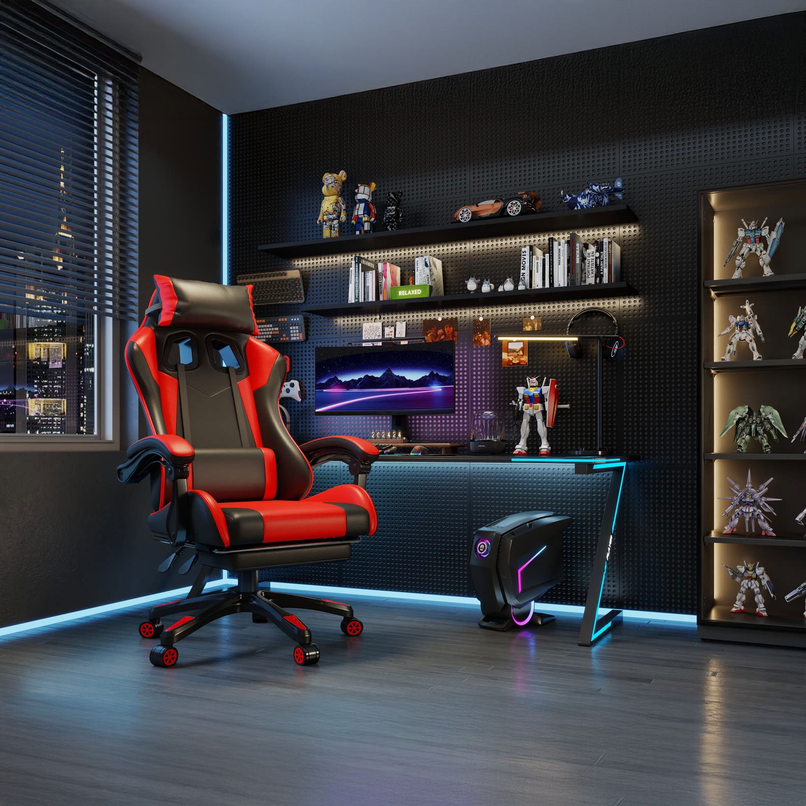 Scaun gaming Dumonde KRAKEN, mecanism multifuncțional, ecopiele, suport picioare, rosu/negru