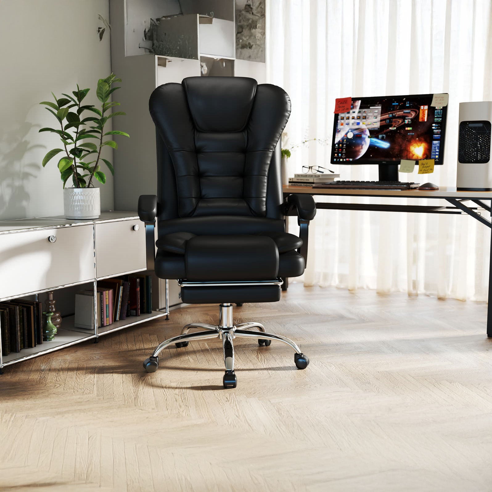 Scaun Directorial Dumonde OMEGA, cotiere 3D, mecanism multifuncțional, ecopiele, suport picioare, negru