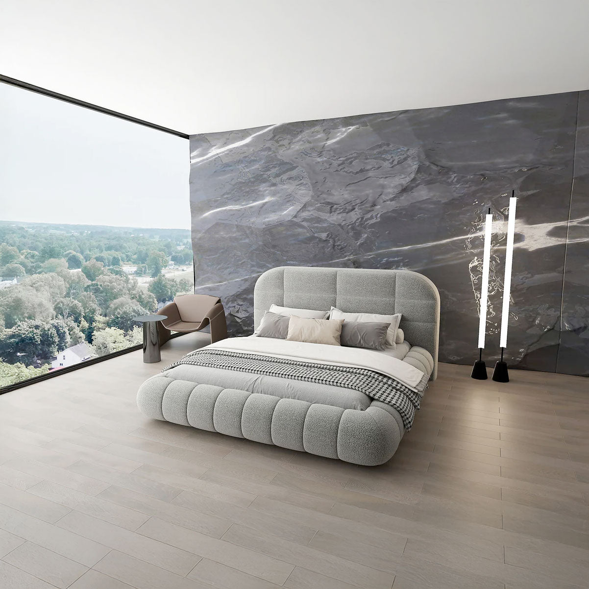 Pat dormitor dumonde, tapitat gri, Senso 160x200 cm, somiera rabatabila inclusa, spatiu depozitare