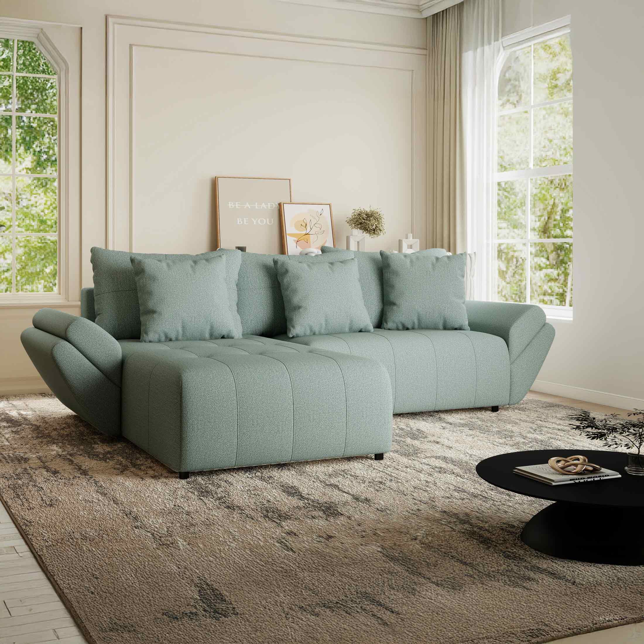 Colțar extensibil dumonde cu ladă de depozitare si sezut confortabil din spuma HR, Berlin Enjoy Verde Mint 280x185 cm