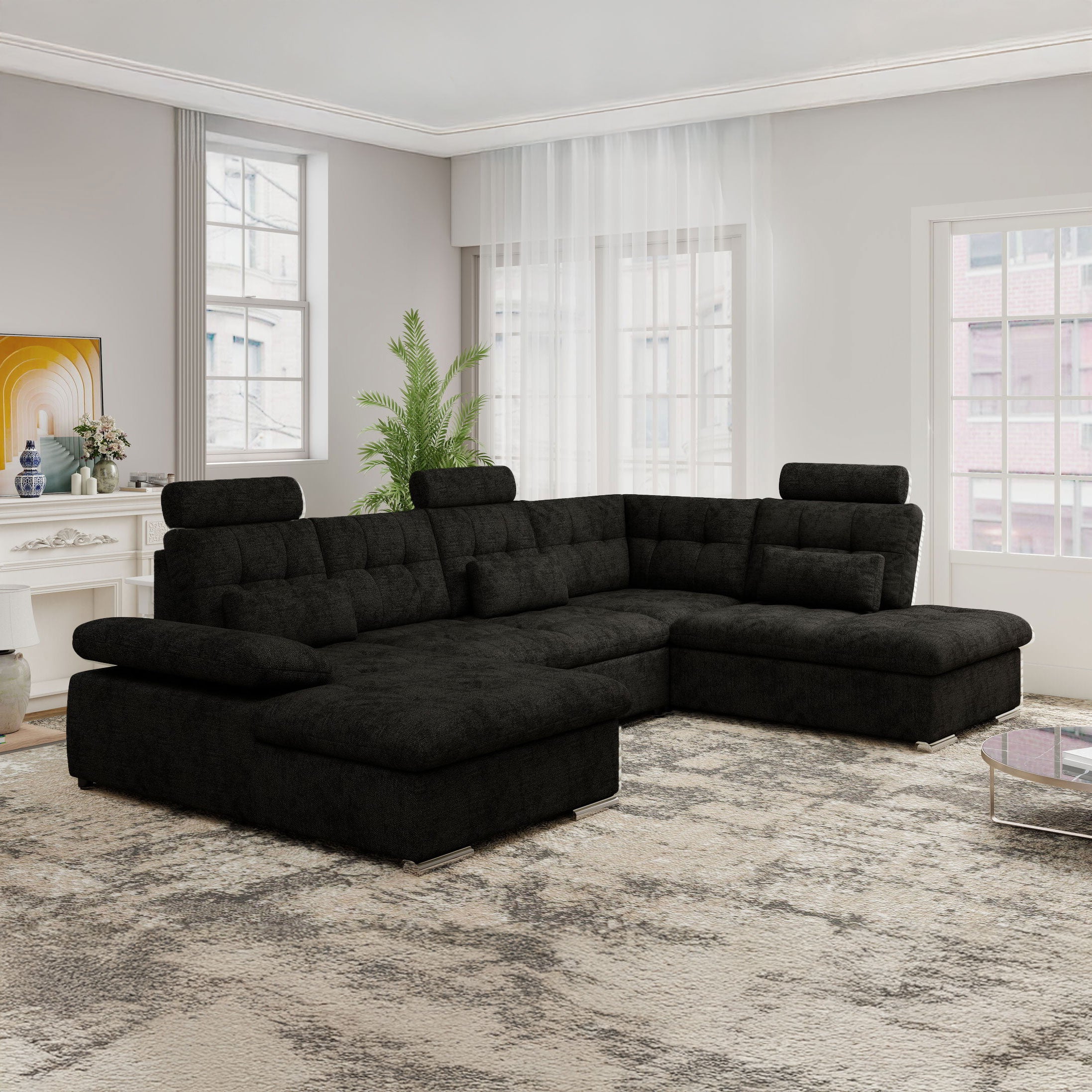 Colțar extensibil dumonde cu ladă de depozitare și șezut confortabil din spumă HR, Merkur U Enjoy Negru 324x218 cm