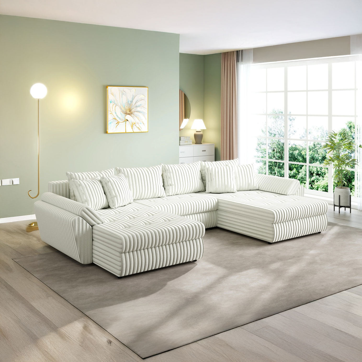 Colțar extensibil dumonde cu ladă de depozitare si sezut confortabil din spuma HR, Loana U Ambience Ivory 355x185 cm