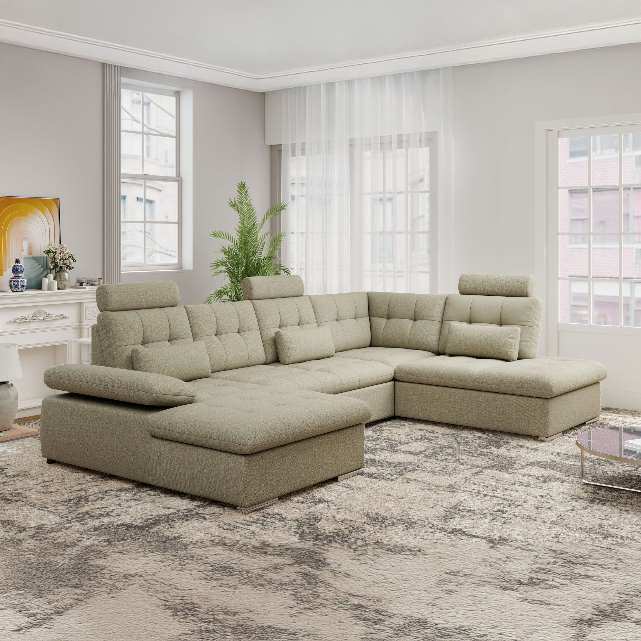 Colțar extensibil dumonde cu ladă de depozitare și șezut confortabil din spumă HR, Merkur U Enjoy Bej 324x218 cm