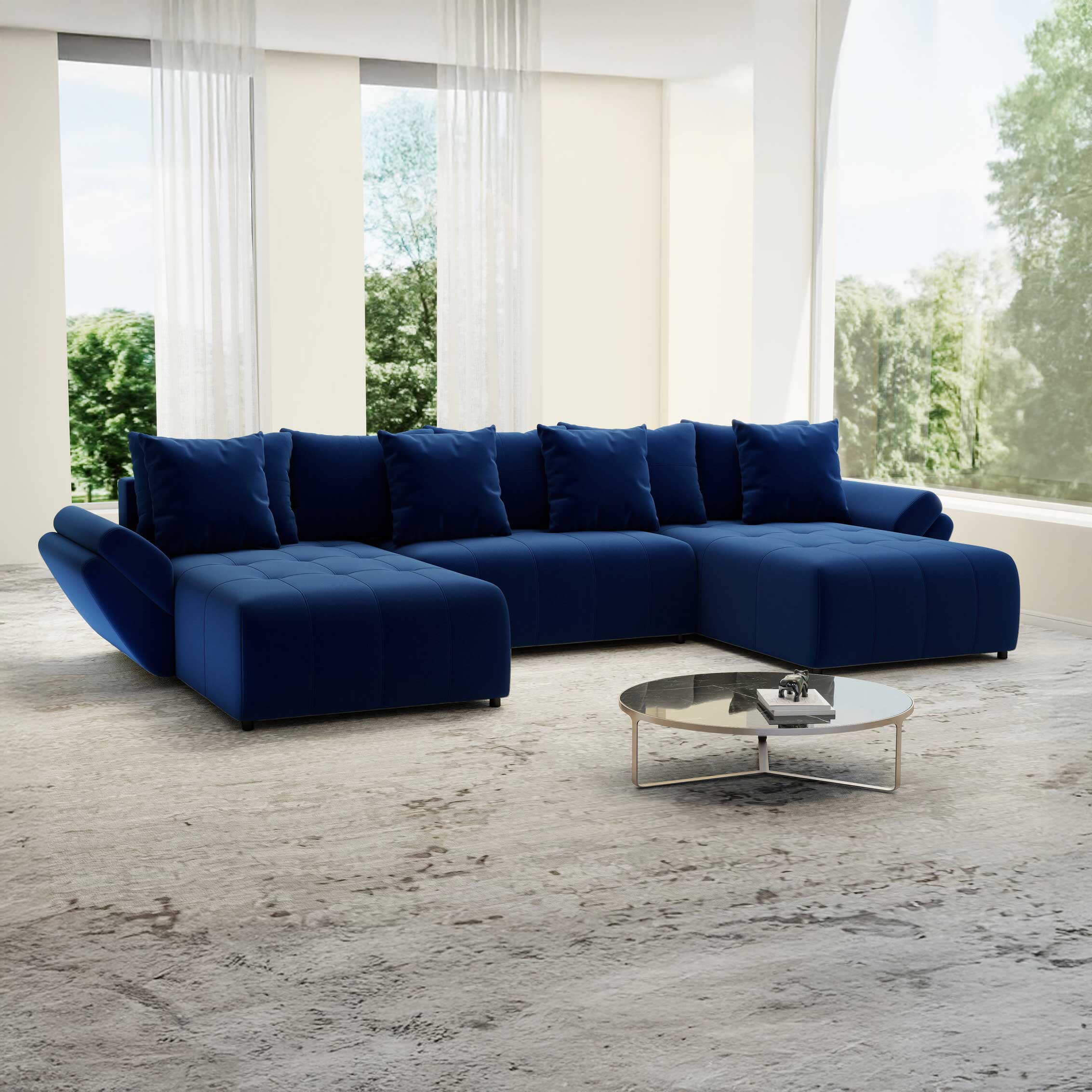 Colțar extensibil dumonde cu ladă de depozitare si sezut confortabil din spuma HR, Berlin U Royal Blue 380x180 cm