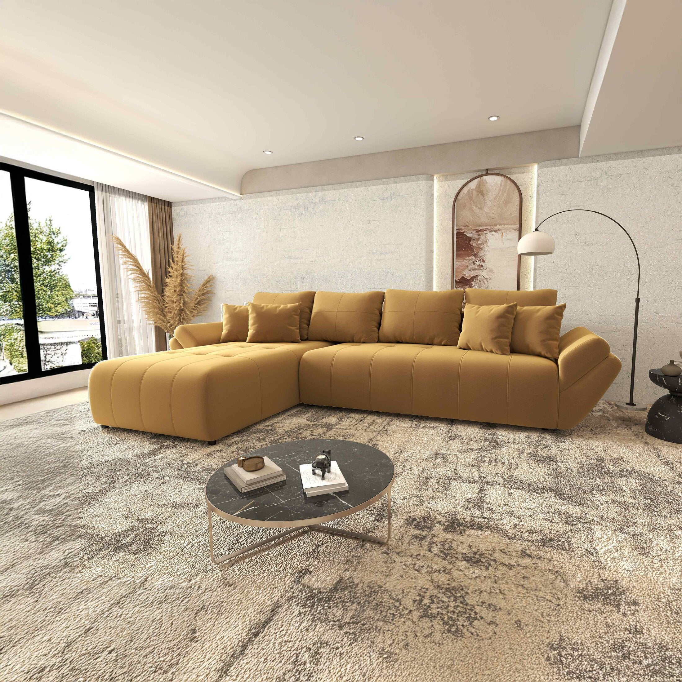 Colțar extensibil dumonde cu ladă de depozitare si sezut confortabil din spuma HR, Berlin XL Royal Mustar 350x185 cm