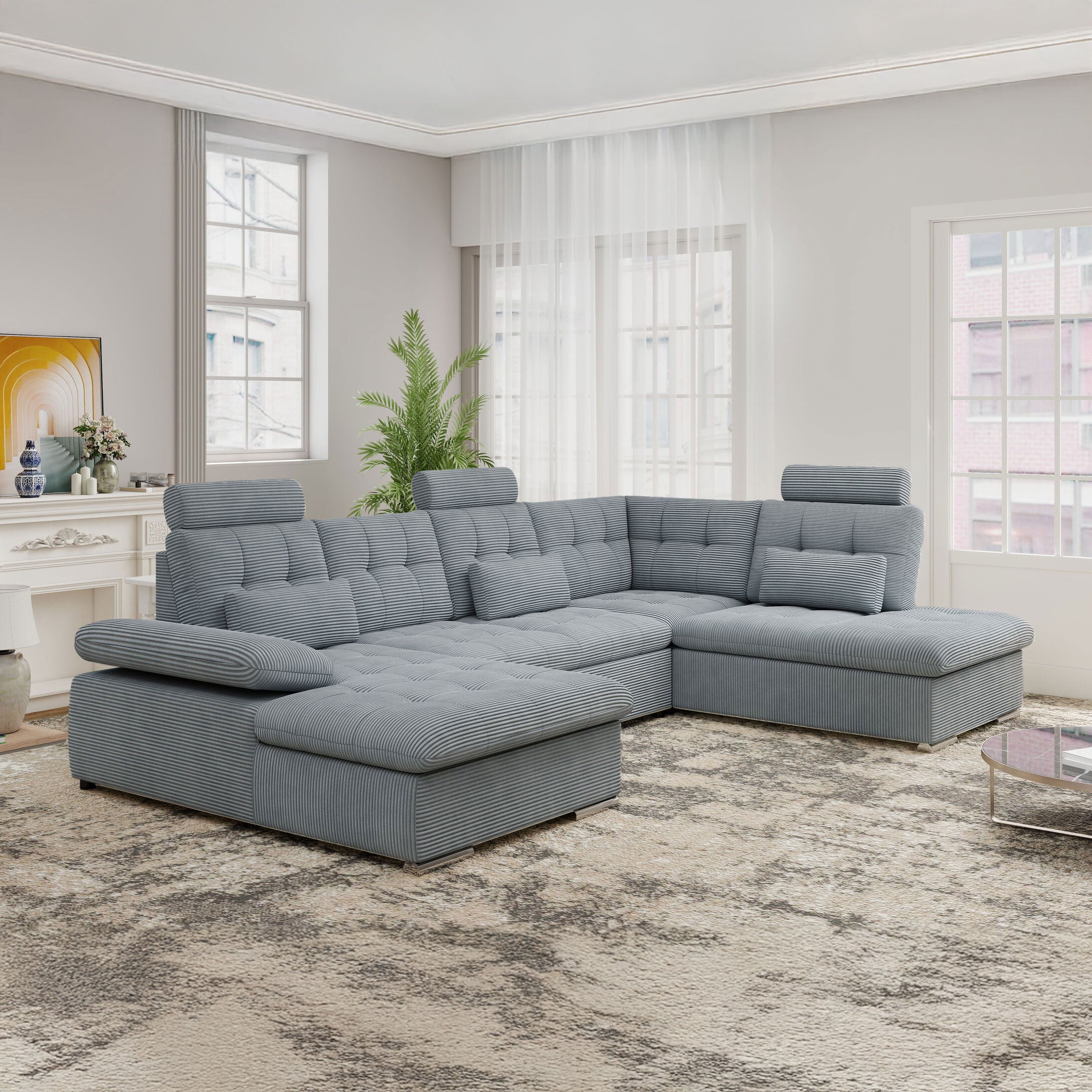 Colțar extensibil dumonde cu ladă de depozitare și șezut confortabil din spumă HR, Merkur U Zoom Gri Mint 324x218 cm