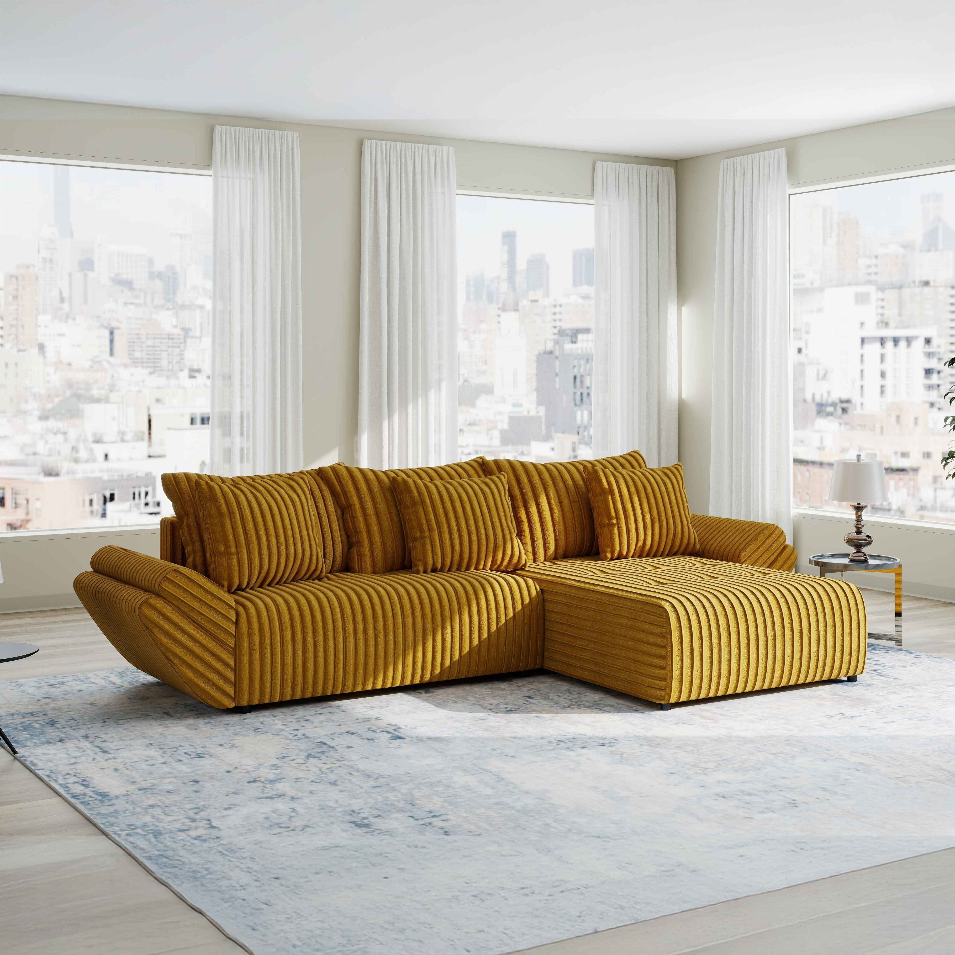 Colțar extensibil dumonde cu ladă de depozitare si sezut confortabil din spuma HR, Berlin Ambience Mustar 280x185 cm II