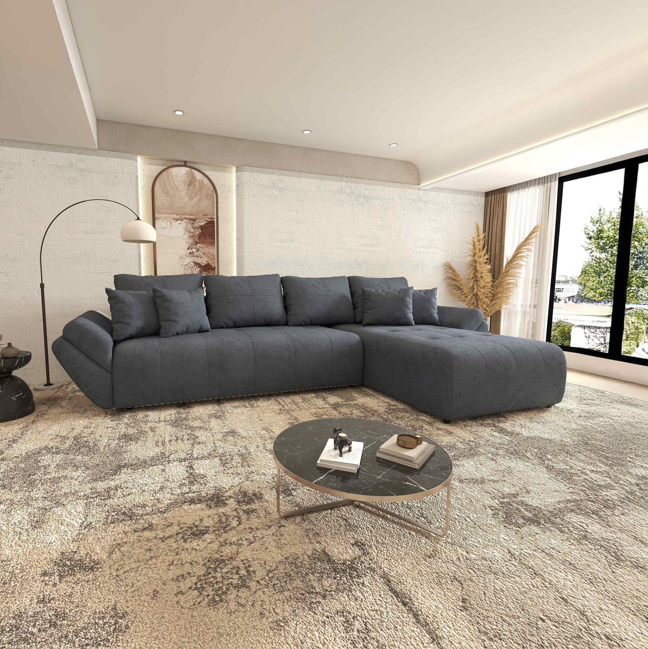 Colțar extensibil dumonde cu ladă de depozitare si sezut confortabil din spuma HR,Berlin XL Enjoy Antracit 350x185 cm II