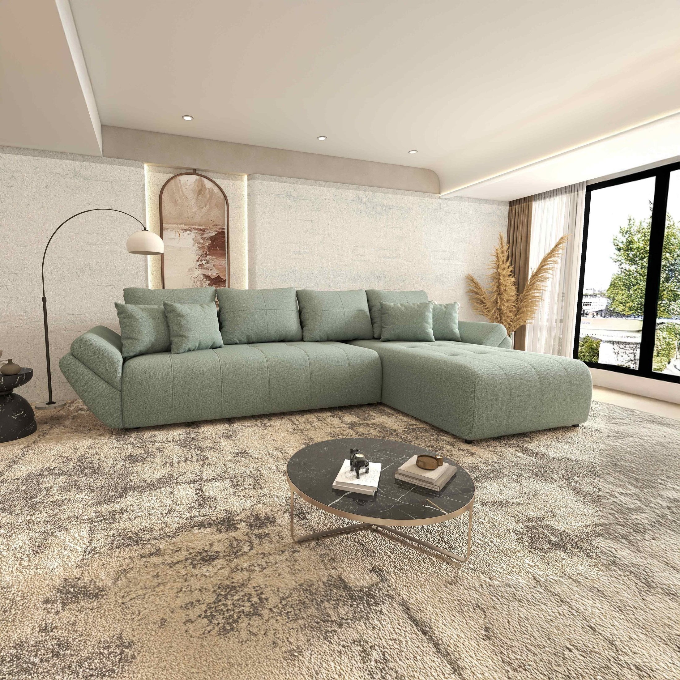 Colțar extensibil dumonde cu ladă de depozitare si sezut confortabil din spuma HR, Berlin XL Enjoy Mint 350x185 cm II