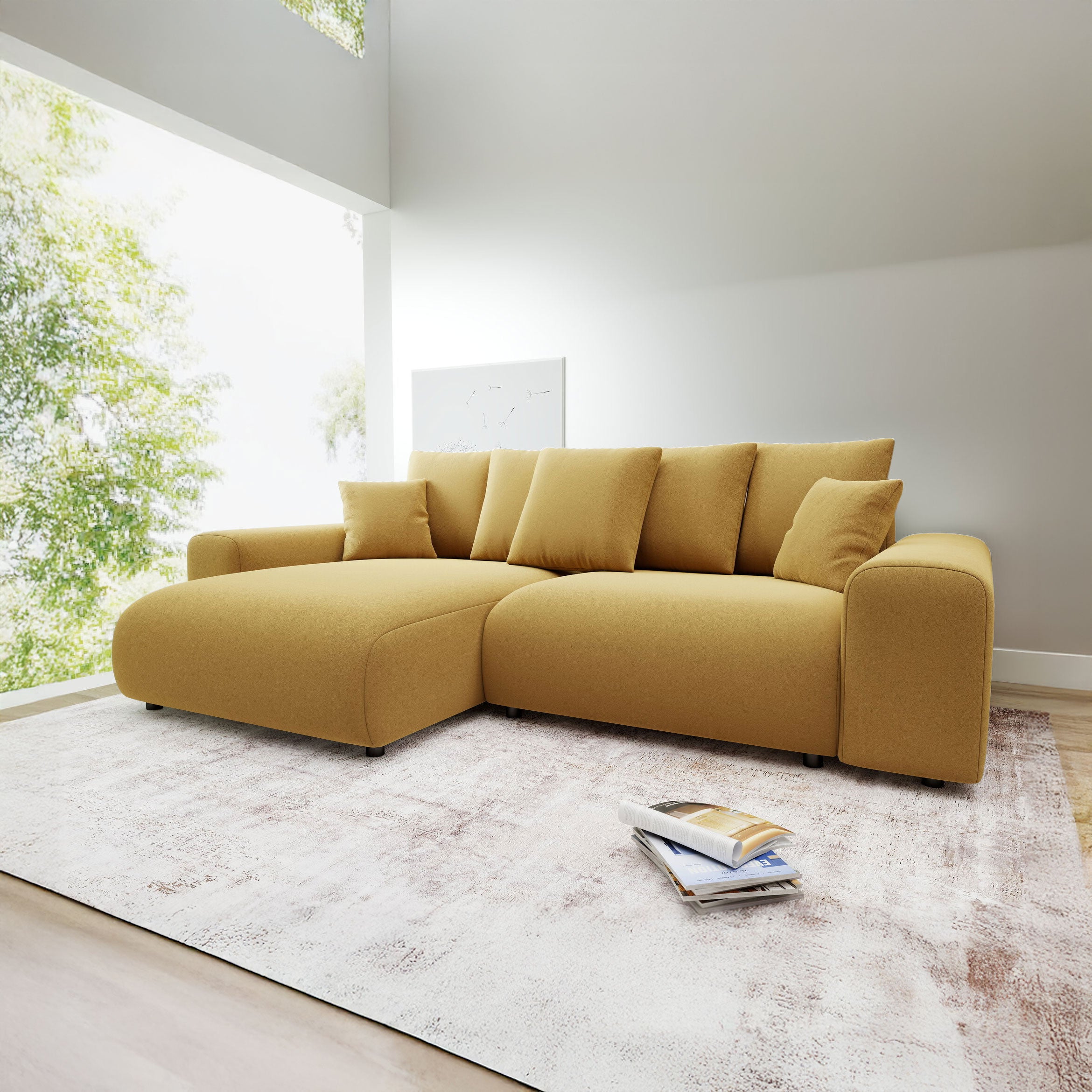 Colțar extensibil dumonde cu ladă de depozitare și șezut confortabil din spumă HR, Luma Royal Mustar 255x168 cm