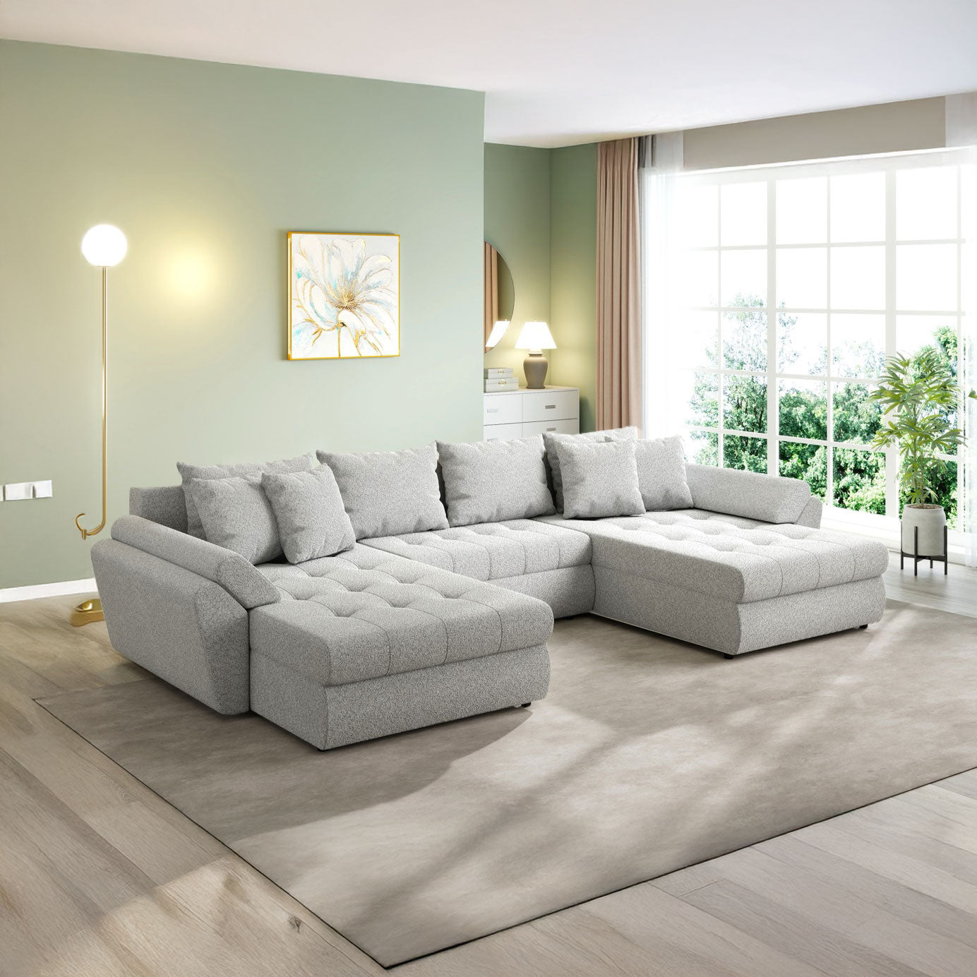 Colțar extensibil dumonde cu ladă de depozitare si sezut confortabil din spuma HR, Loana U Euphoria Dove 355x185 cm