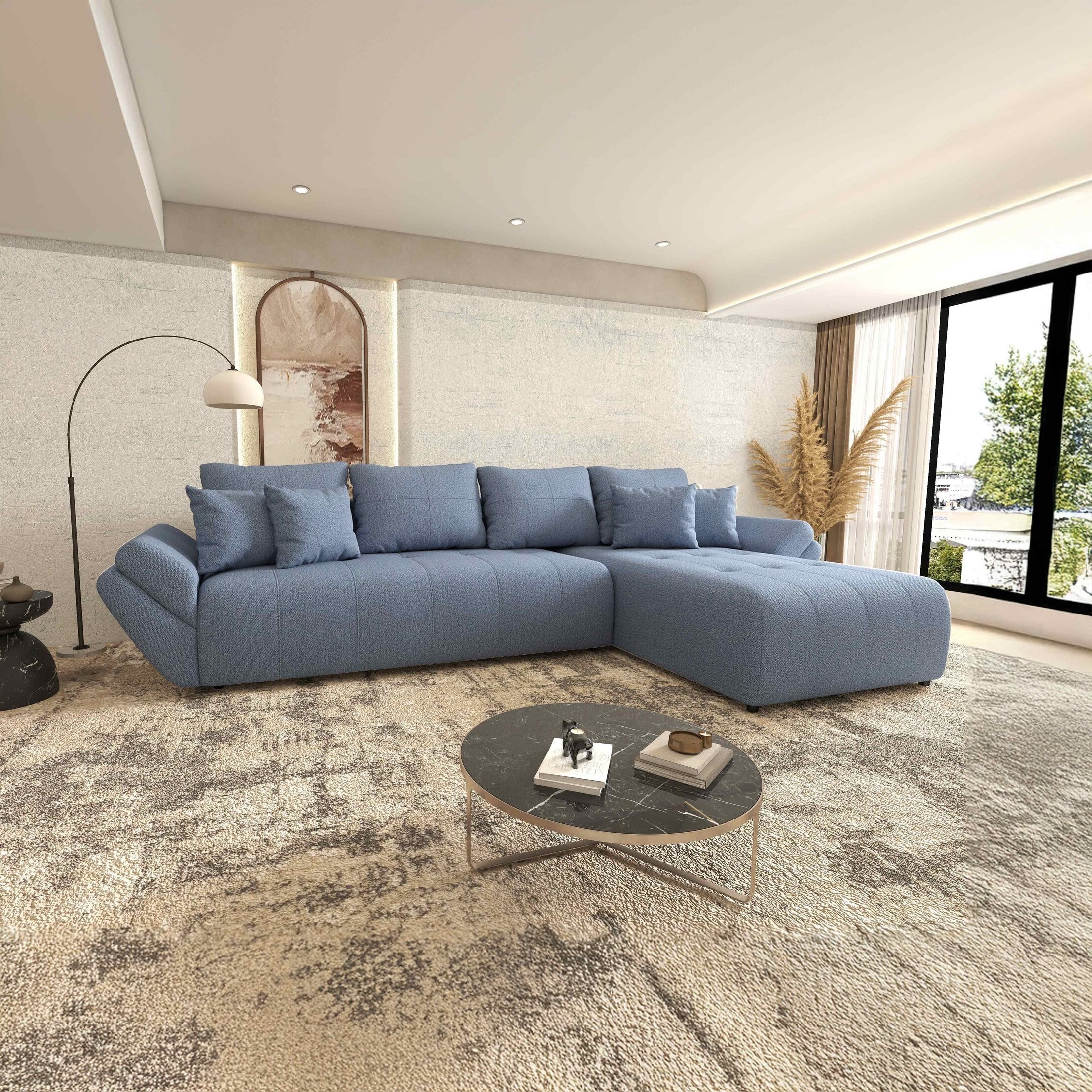 Colțar extensibil dumonde cu ladă de depozitare si sezut confortabil din spuma HR, Berlin XL Enjoy Blue 350x185 cm II