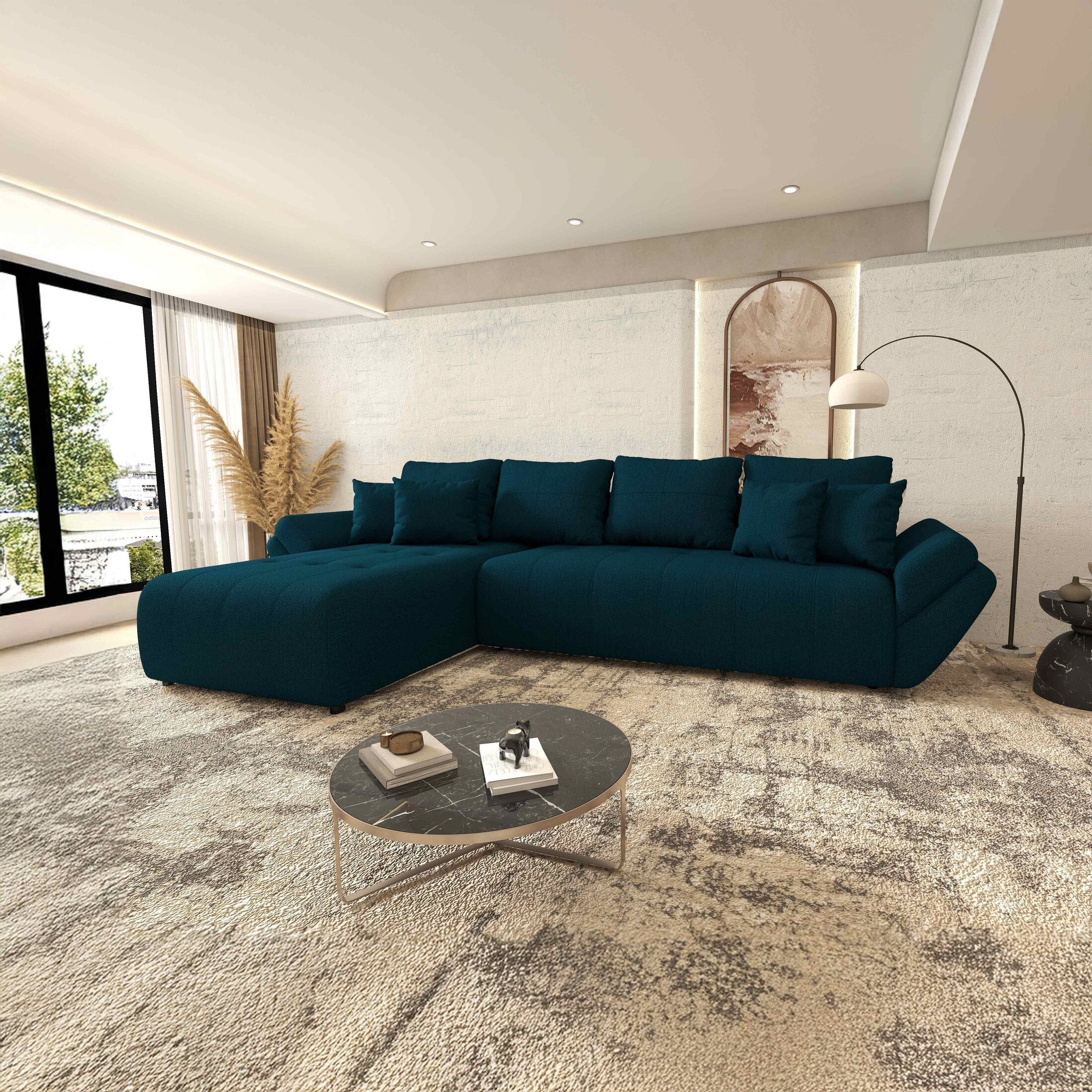 Colțar extensibil dumonde cu ladă de depozitare si sezut confortabil din spuma HR, Berlin XL Enjoy Petrol 350x185 cm