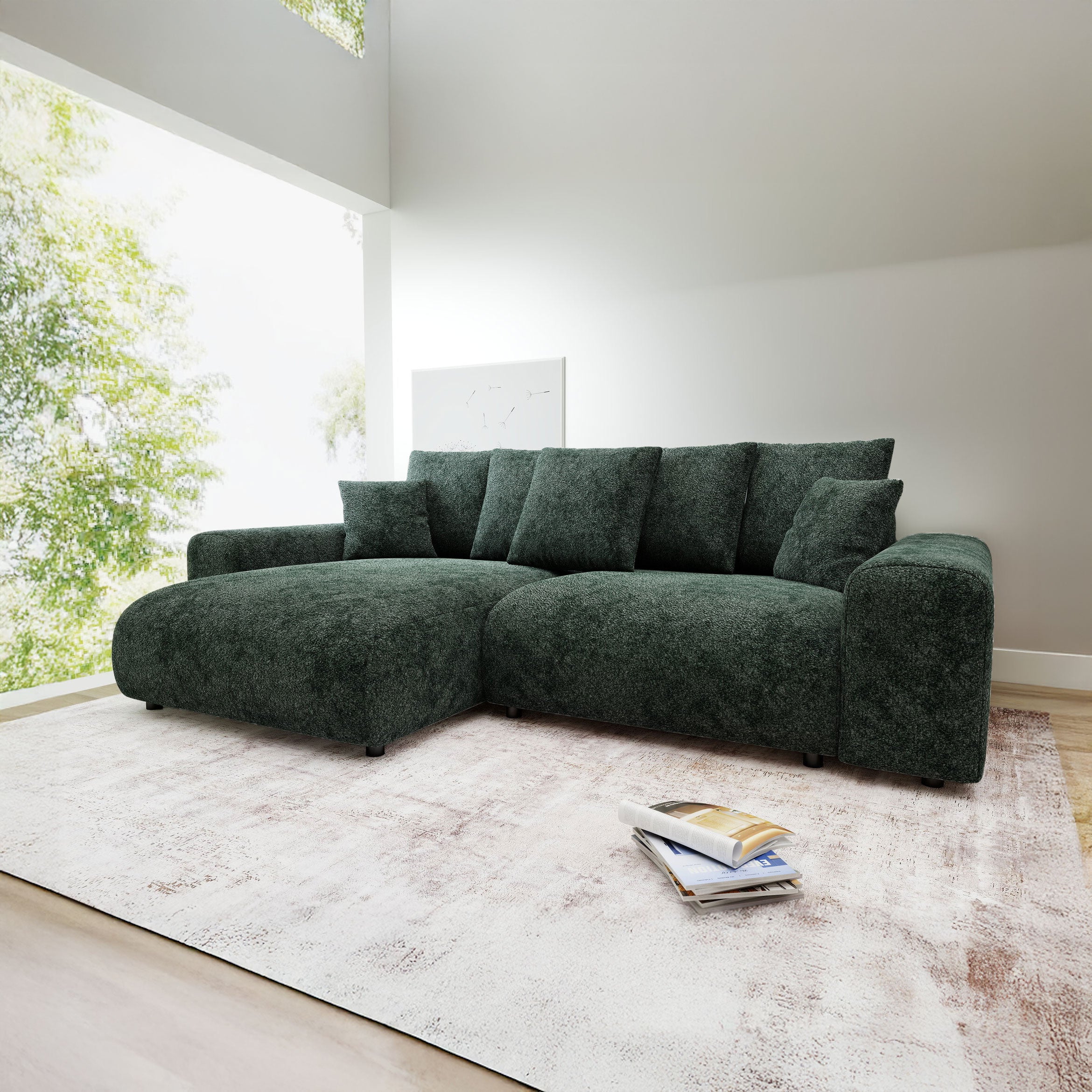 Colțar extensibil dumonde cu ladă de depozitare și șezut confortabil din spumă HR, Luma Euphoria Verde 255x168 cm