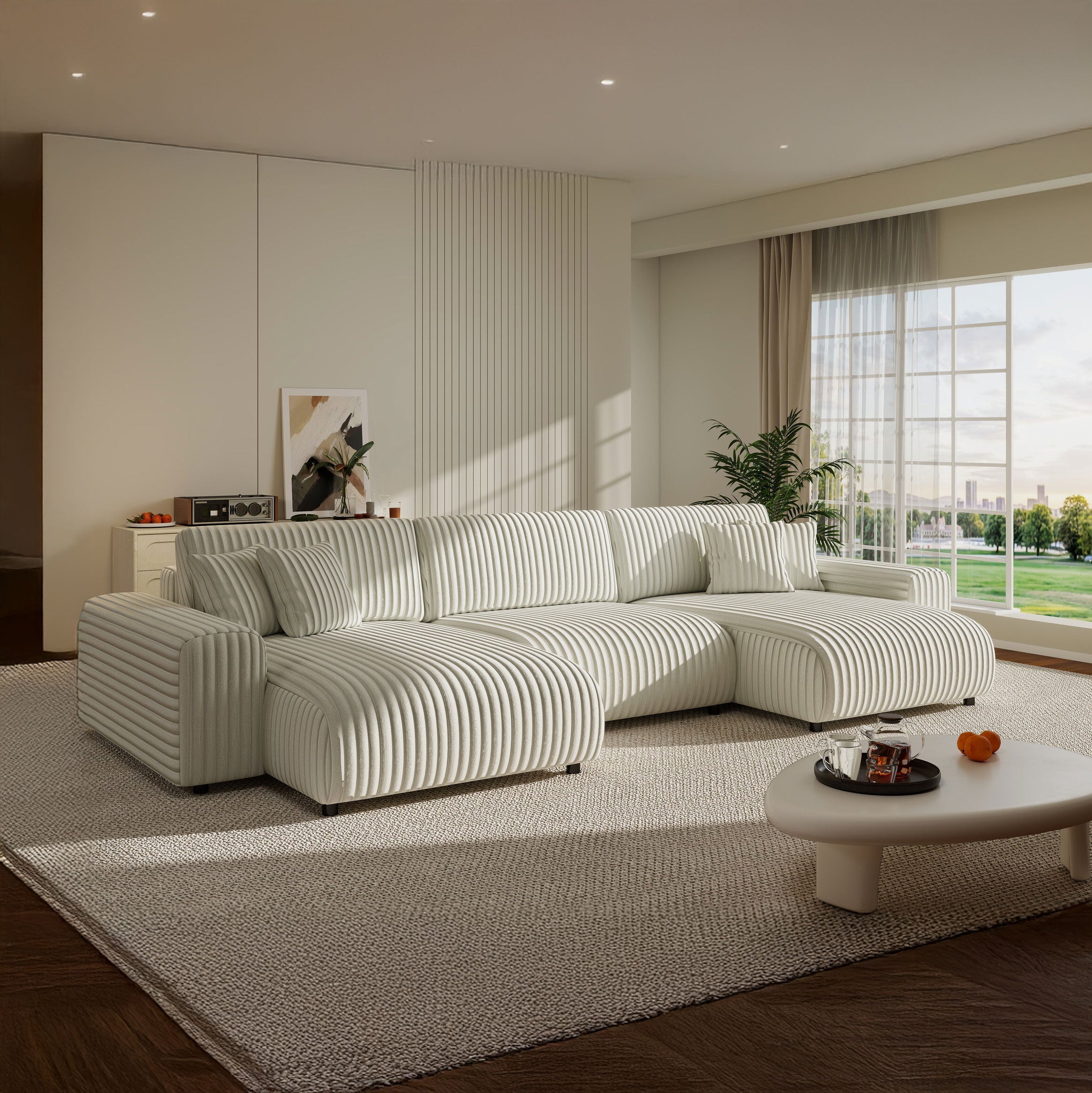 Colțar extensibil dumonde cu ladă de depozitare si sezut confortabil din spuma HR, Sarina U Ambience Alb 350x168 cm