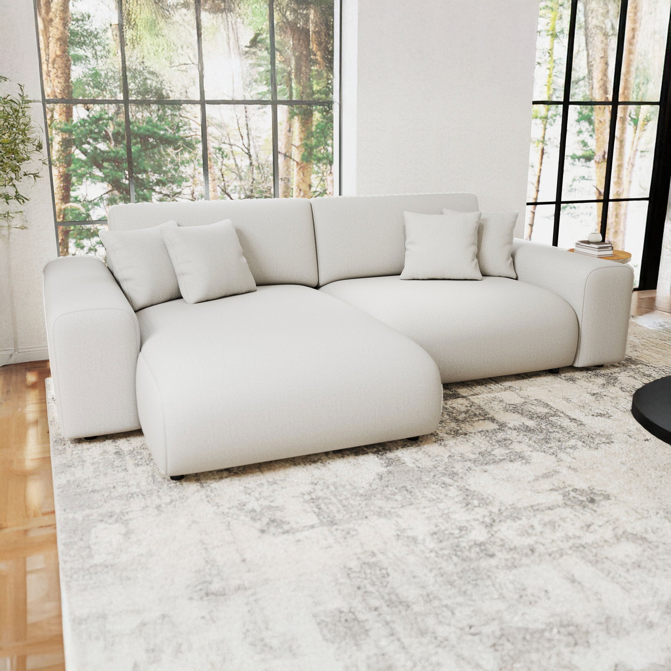 Colțar extensibil dumonde cu ladă de depozitare si sezut confortabil din spuma HR, Sarina Enjoy Bej 255x168 cm