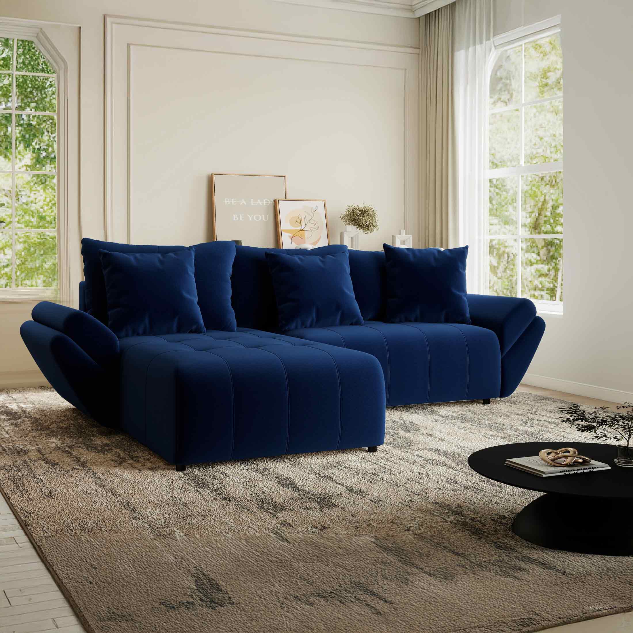 Colțar extensibil dumonde cu ladă de depozitare si sezut confortabil din spuma HR, Berlin Royal Albastru Navy 280x185 cm