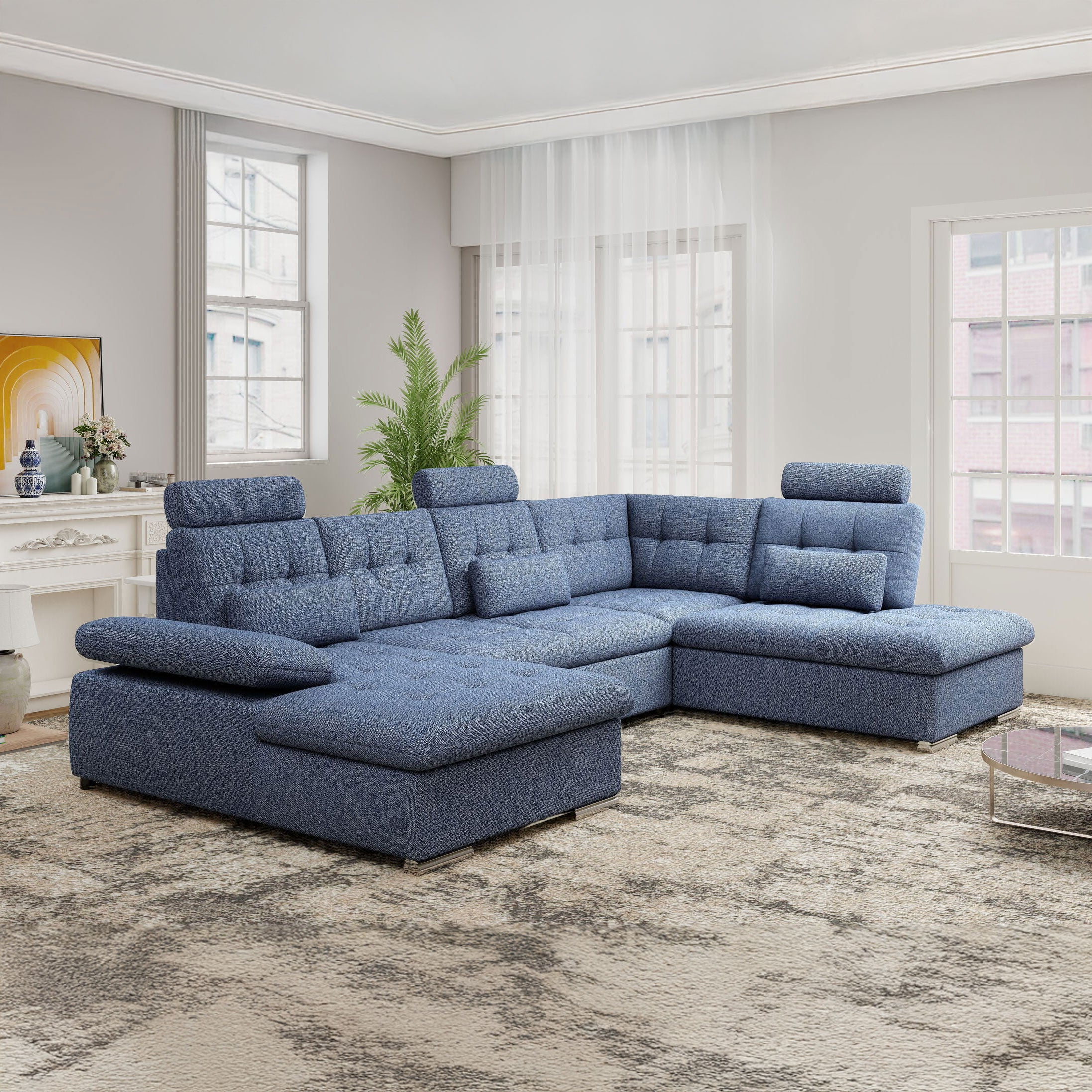 Colțar extensibil dumonde cu ladă de depozitare și șezut confortabil din spumă HR, Merkur U Enjoy Albastru 324x218 cm