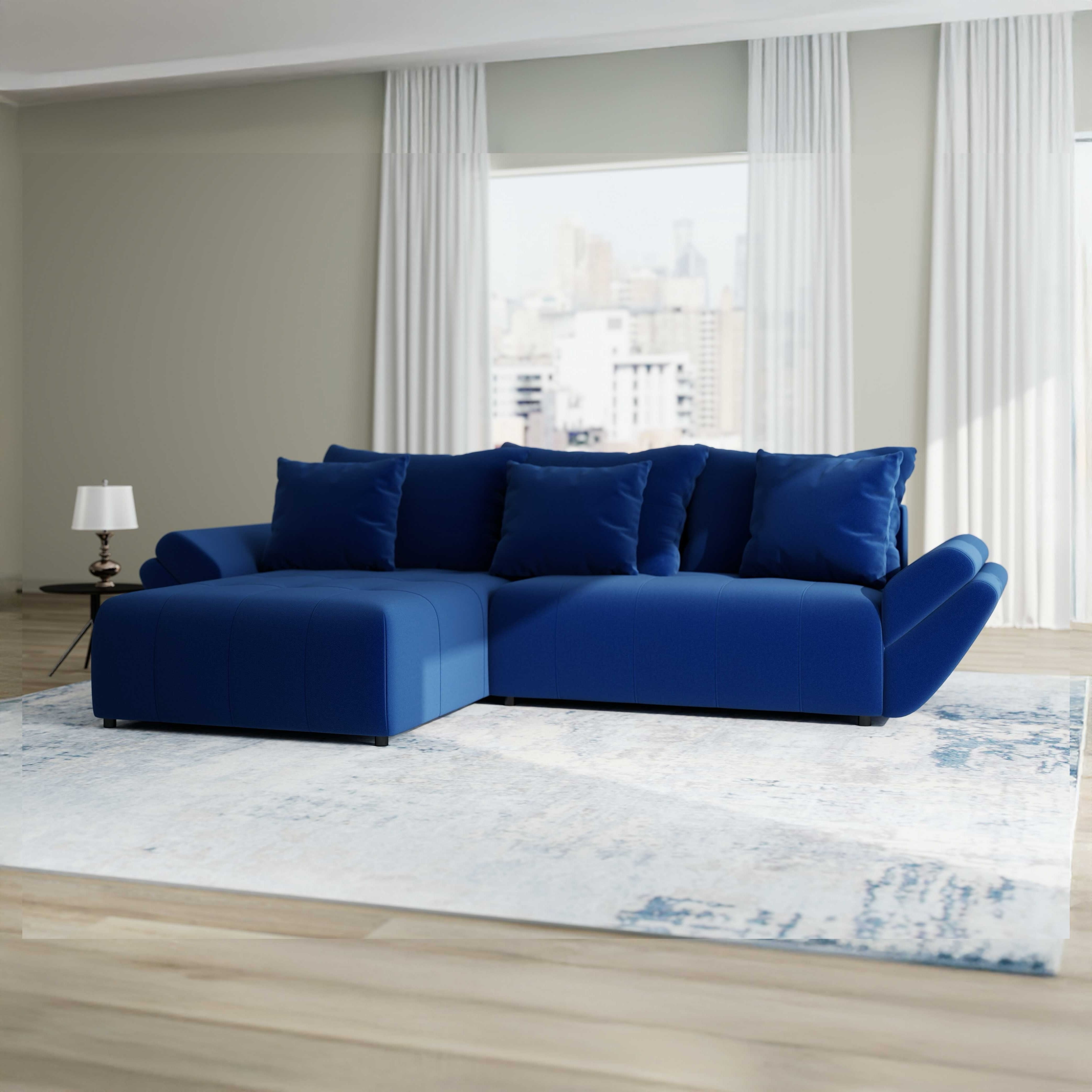 Colțar extensibil dumonde cu ladă de depozitare si sezut confortabil din spuma HR, Berlin Royal Albastru Navy 280x185 cm