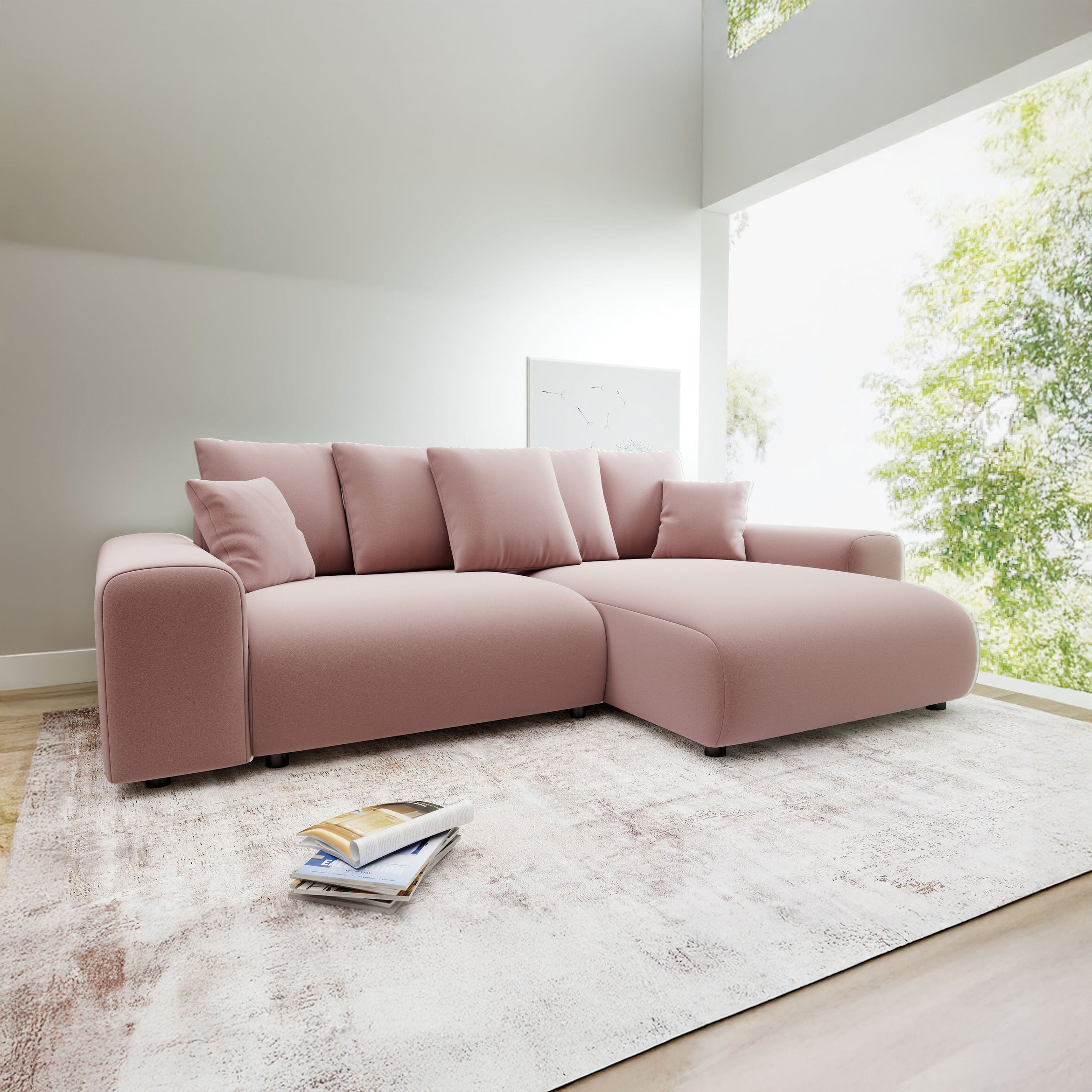 Colțar extensibil dumonde cu ladă de depozitare și șezut confortabil din spumă HR, Luma Royal Roz 255x168 cm II