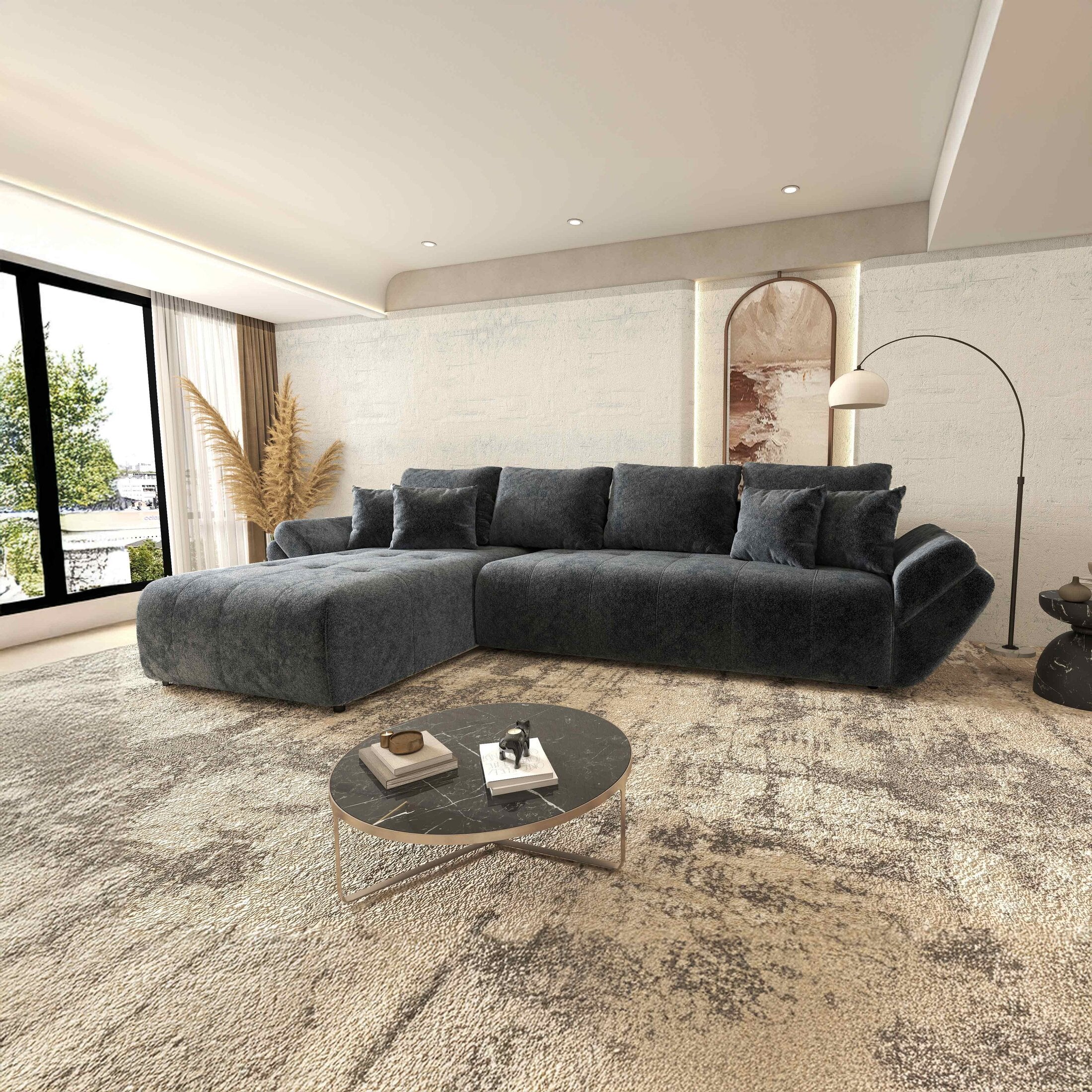 Colțar extensibil dumonde cu ladă de depozitare si sezut confortabil din spuma HR, Berlin XL Euphoria Graphite 350x185 cm