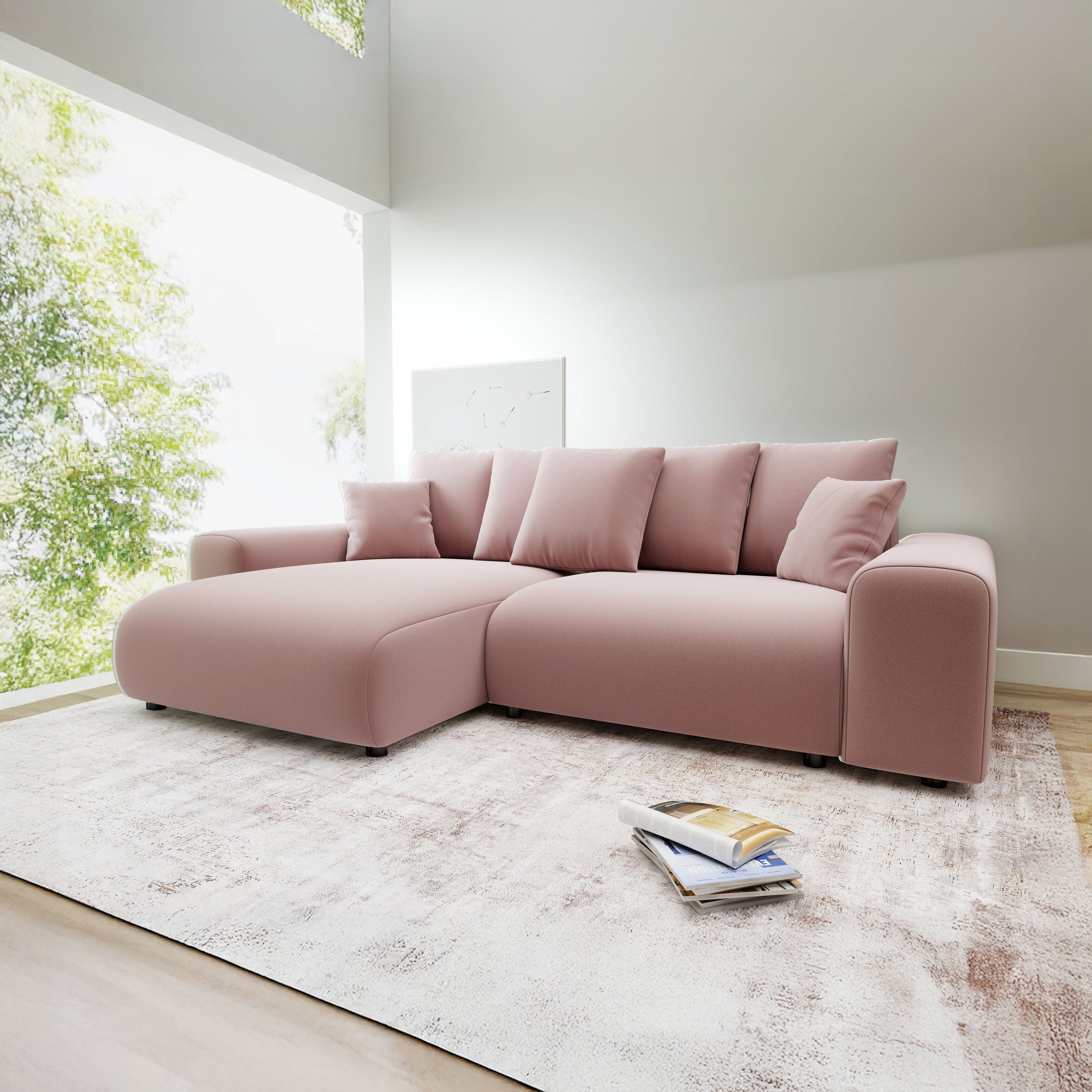 Colțar extensibil dumonde cu ladă de depozitare și șezut confortabil din spumă HR, Luma Royal Roz 255x168 cm