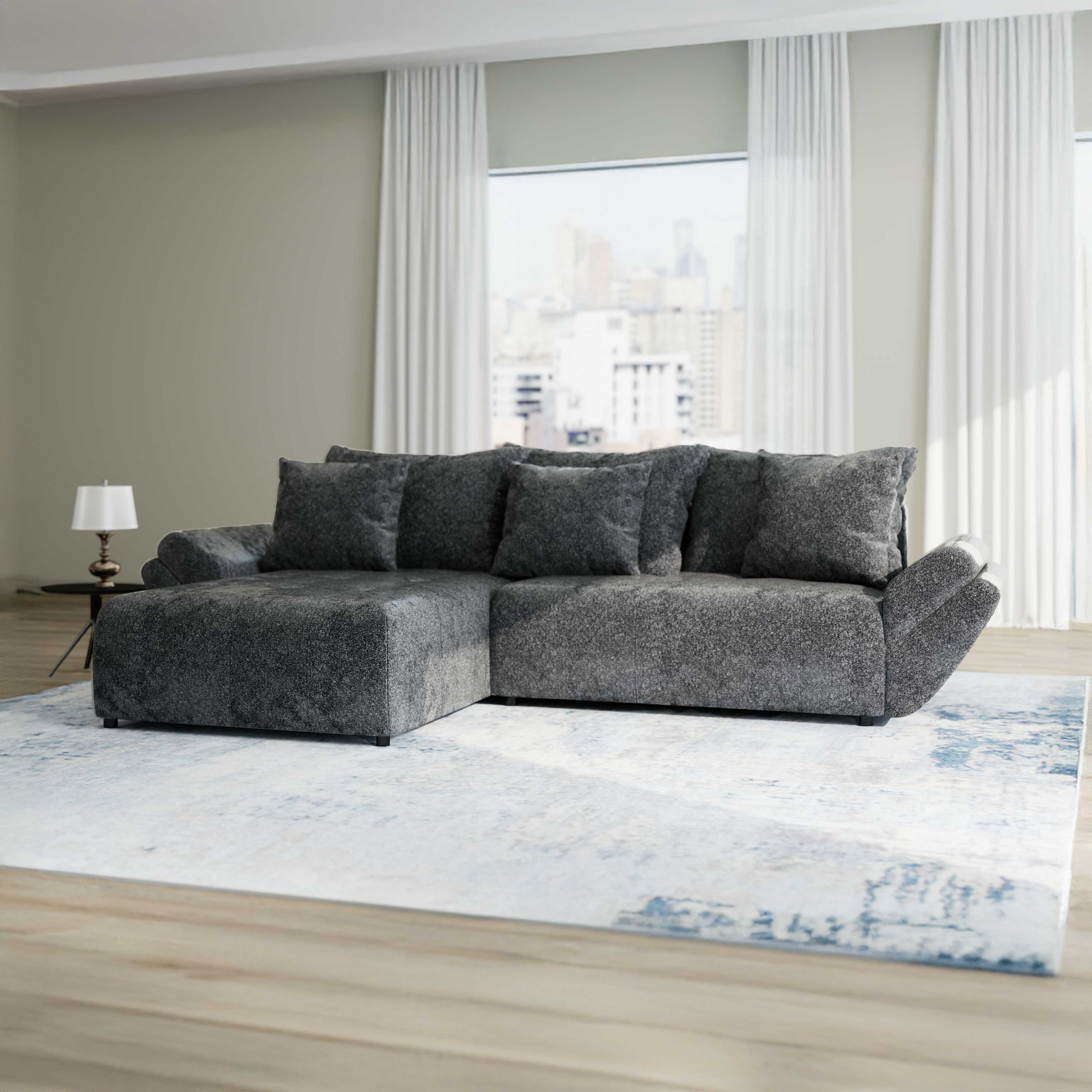 Colțar extensibil dumonde cu ladă de depozitare si sezut confortabil din spuma HR, Berlin Euphoria Negru 280x185 cm