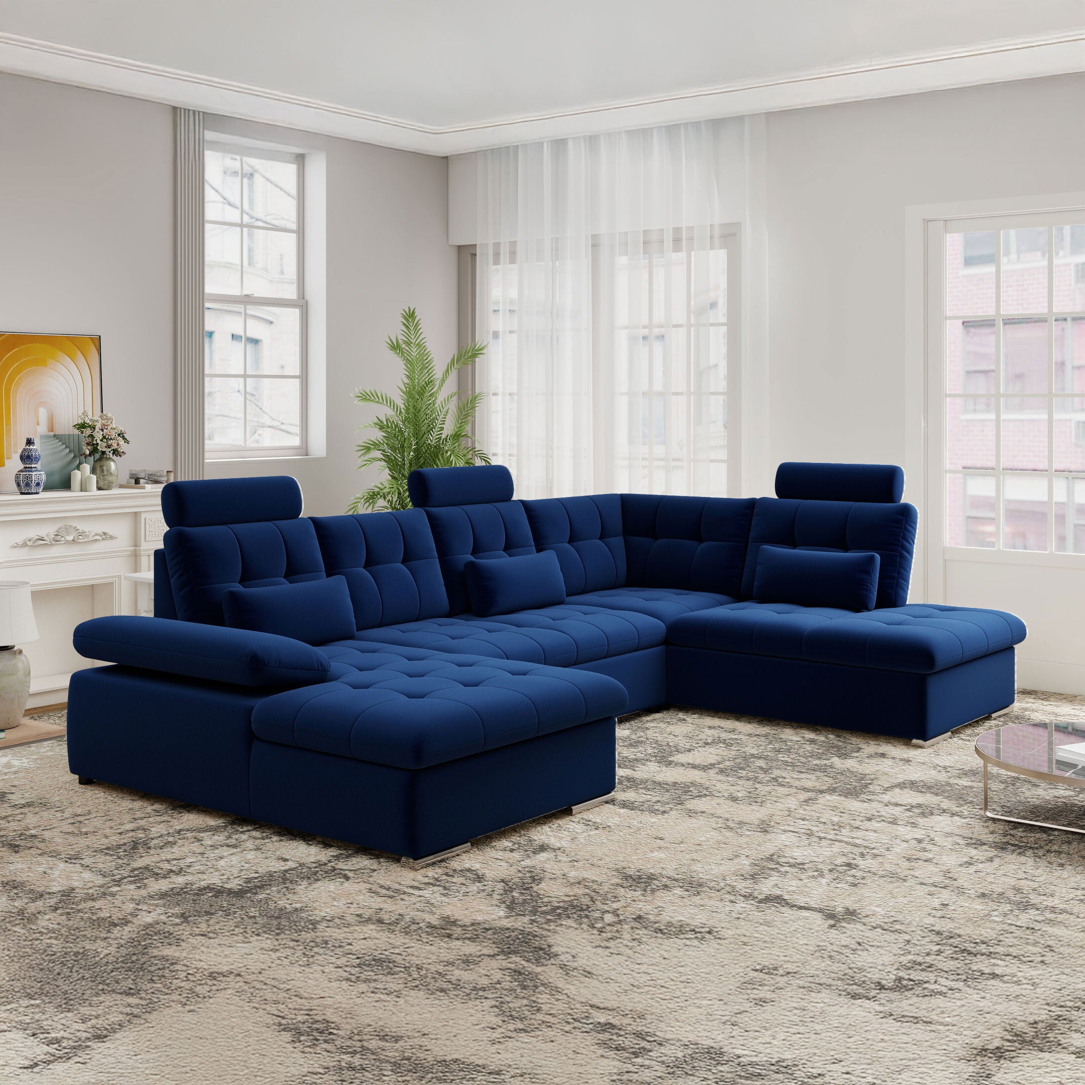 Colțar extensibil dumonde cu ladă de depozitare și șezut confortabil din spumă HR, Merkur U Royal Albastru Navy 324x218 cm