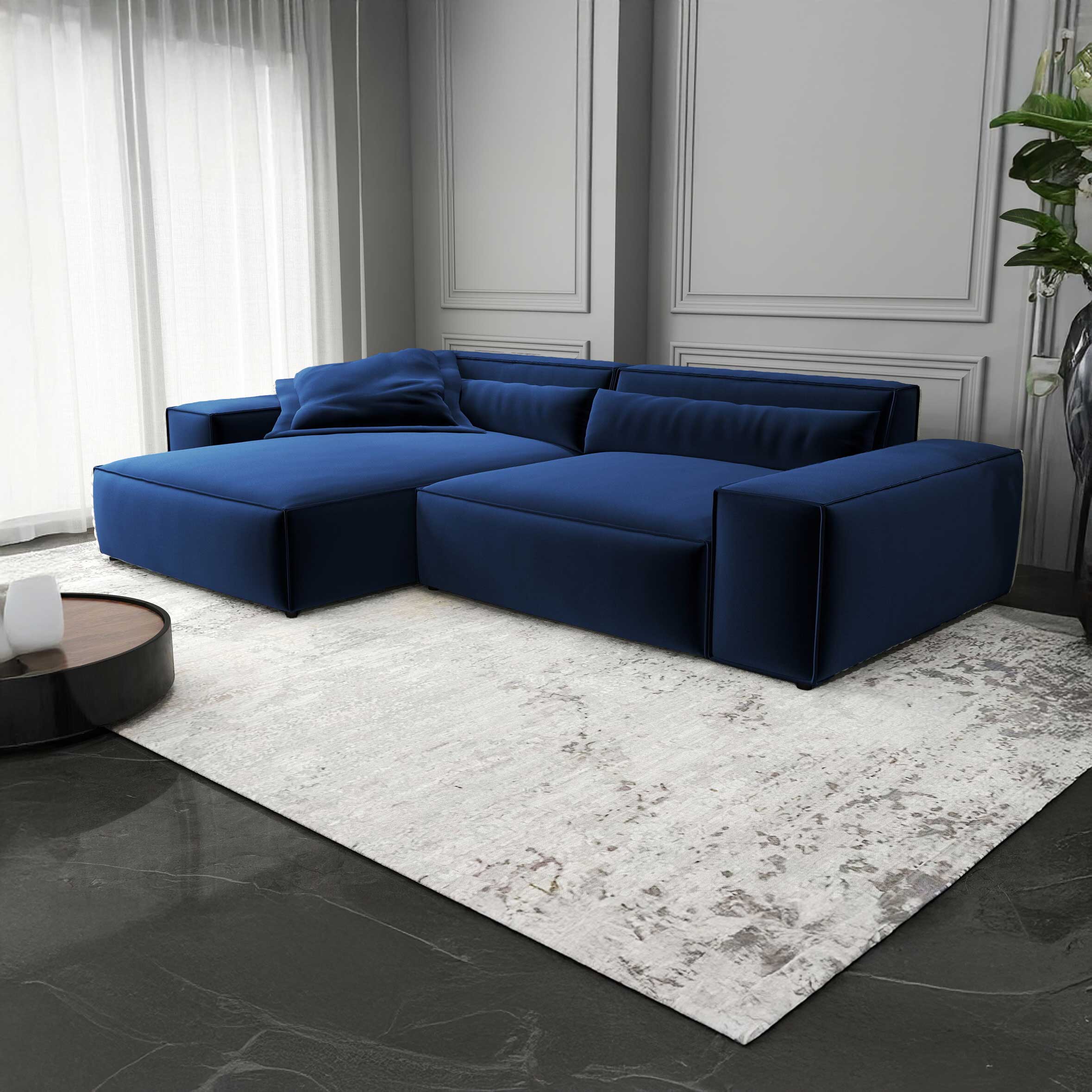 Colțar dumonde cu șezut confortabil din spumă HR, Marvelo Royal Albastru Navy 264x175 cm