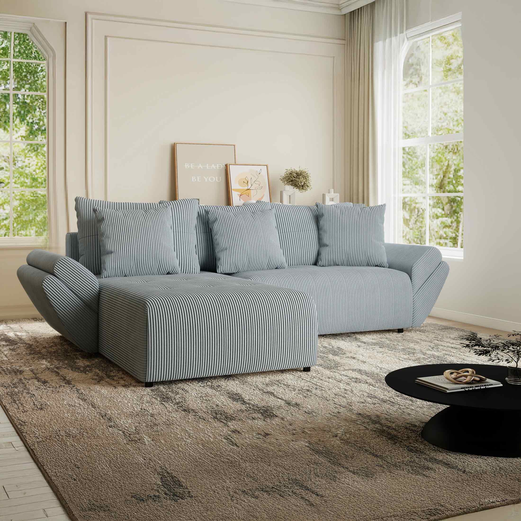 Colțar extensibil dumonde cu ladă de depozitare si sezut confortabil din spuma HR, Berlin Zoom Gri Mint 280x185 cm