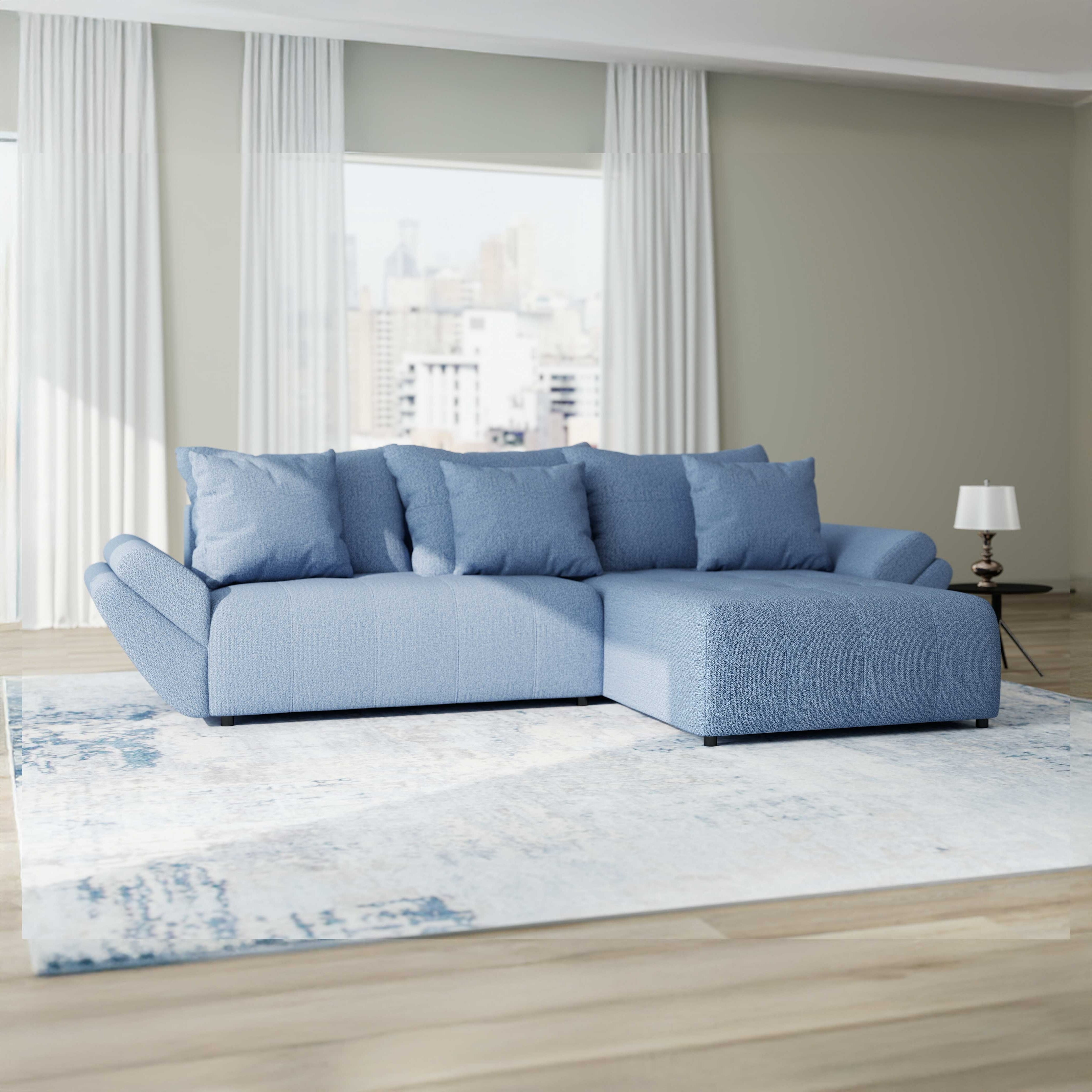 Colțar extensibil dumonde cu ladă de depozitare si sezut confortabil din spuma HR, Berlin Enjoy Albastru 280x185 cm II