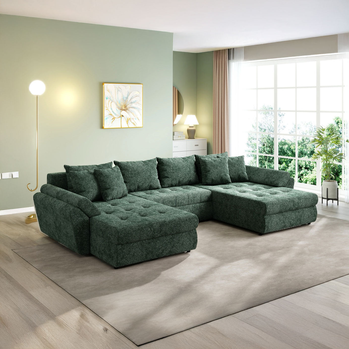 Colțar extensibil dumonde cu ladă de depozitare si sezut confortabil din spuma HR, Loana U Euphoria Green 355x185 cm