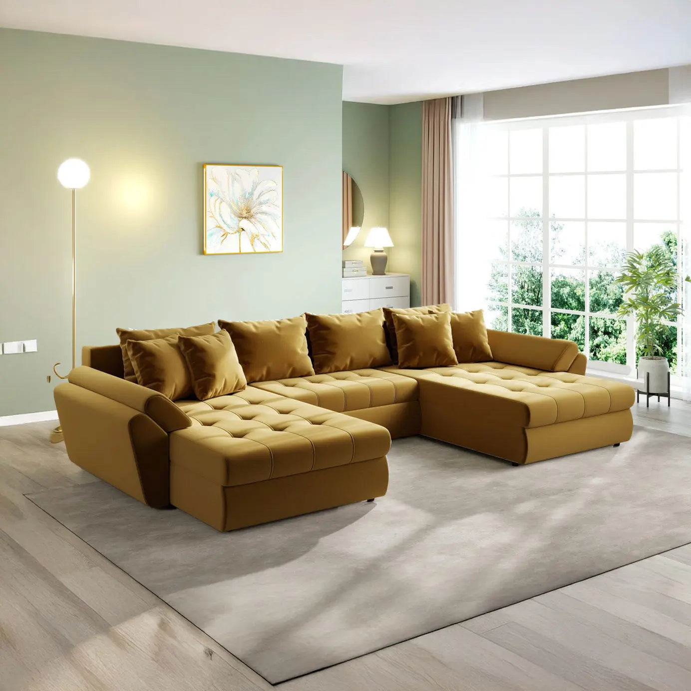 Colțar extensibil dumonde cu ladă de depozitare si sezut confortabil din spuma HR, Loana U Royal Mustar 355x185 cm Fabrica