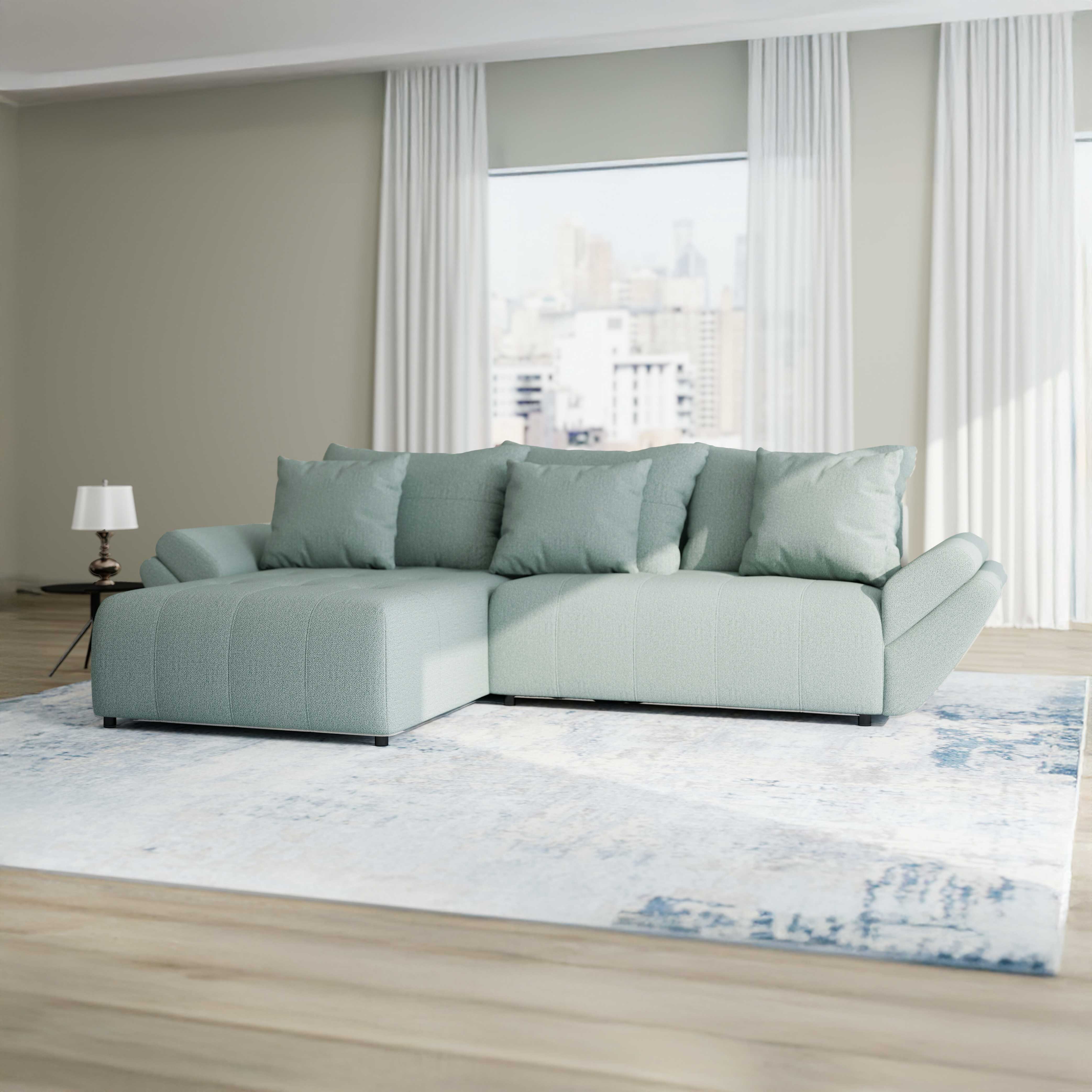 Colțar extensibil dumonde cu ladă de depozitare si sezut confortabil din spuma HR, Berlin Enjoy Verde Mint 280x185 cm