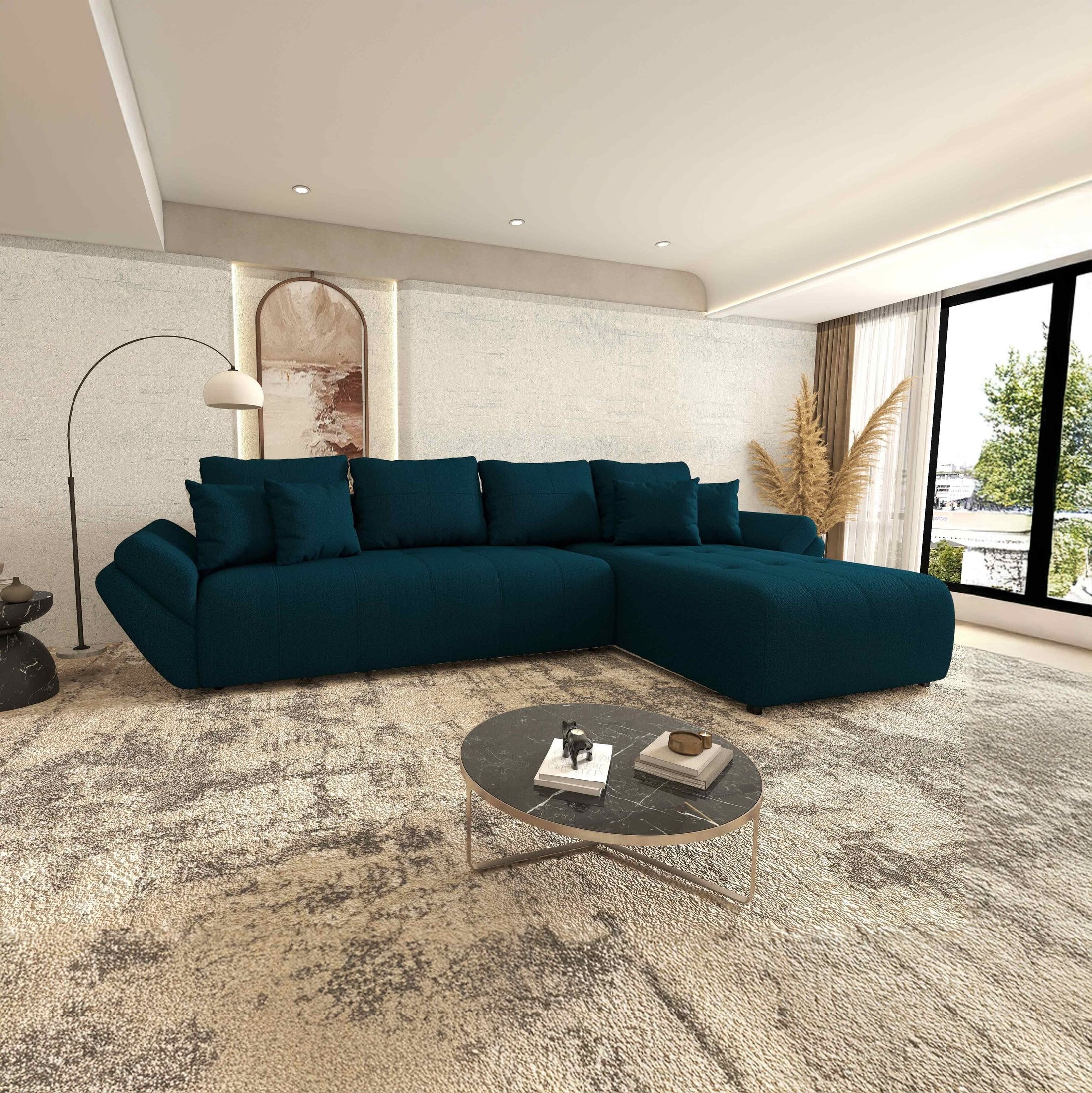 Colțar extensibil dumonde cu ladă de depozitare si sezut confortabil din spuma HR, Berlin XL Enjoy Petrol 350x185 cm II