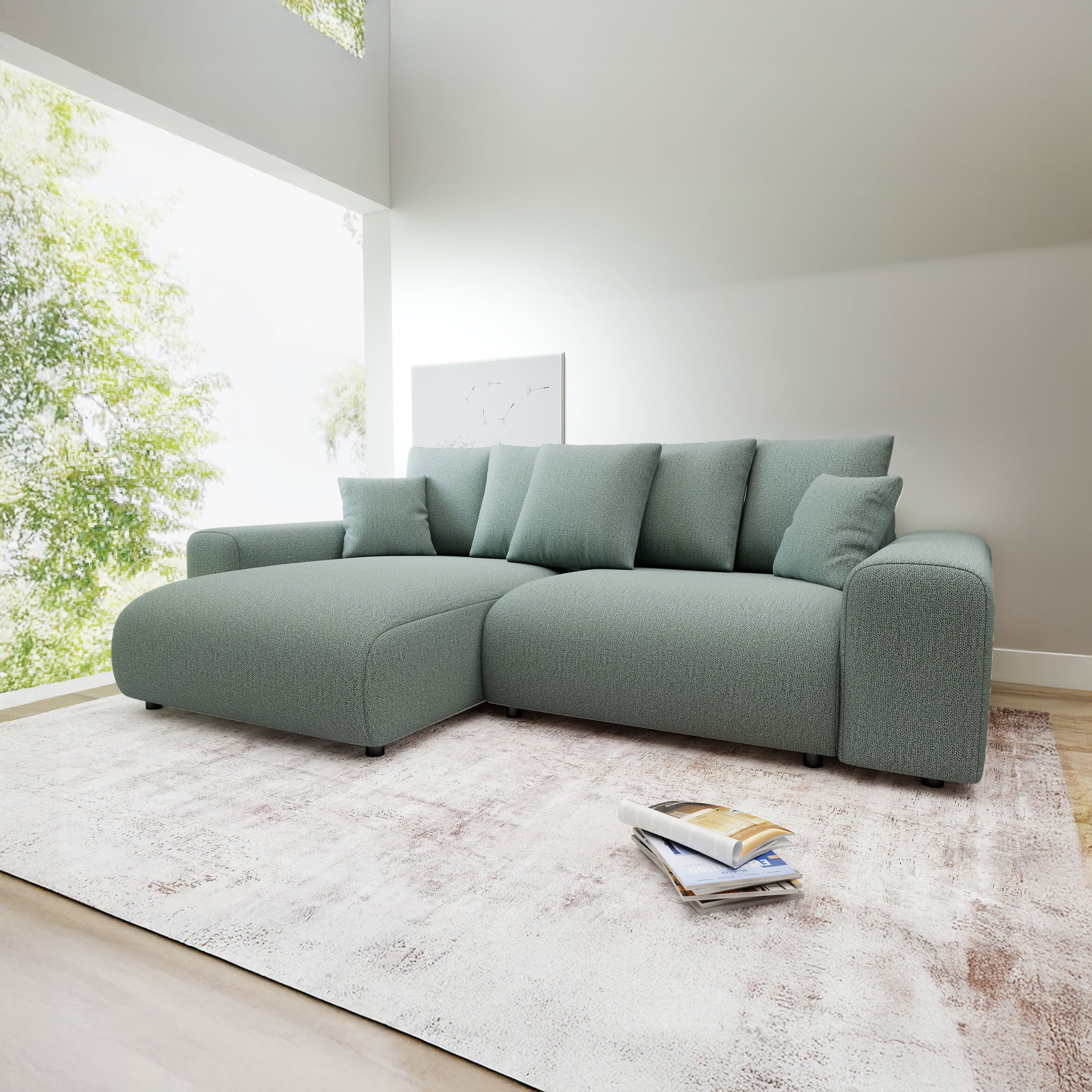 Colțar extensibil dumonde cu ladă de depozitare și șezut confortabil din spumă HR, Luma Enjoy Verde Mint 255x168 cm