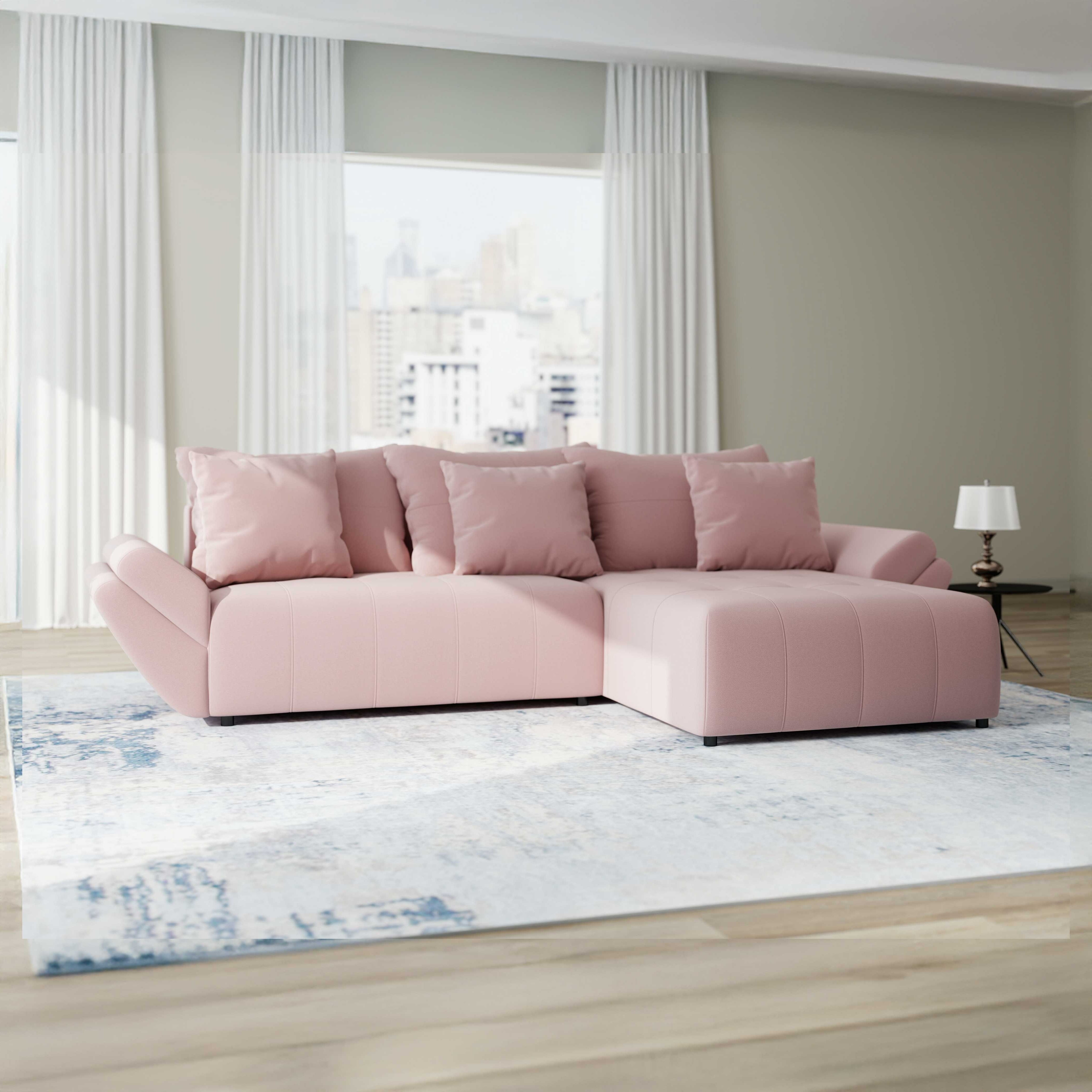 Colțar extensibil dumonde cu ladă de depozitare si sezut confortabil din spuma HR, Berlin Royal Roz 280x185 cm II